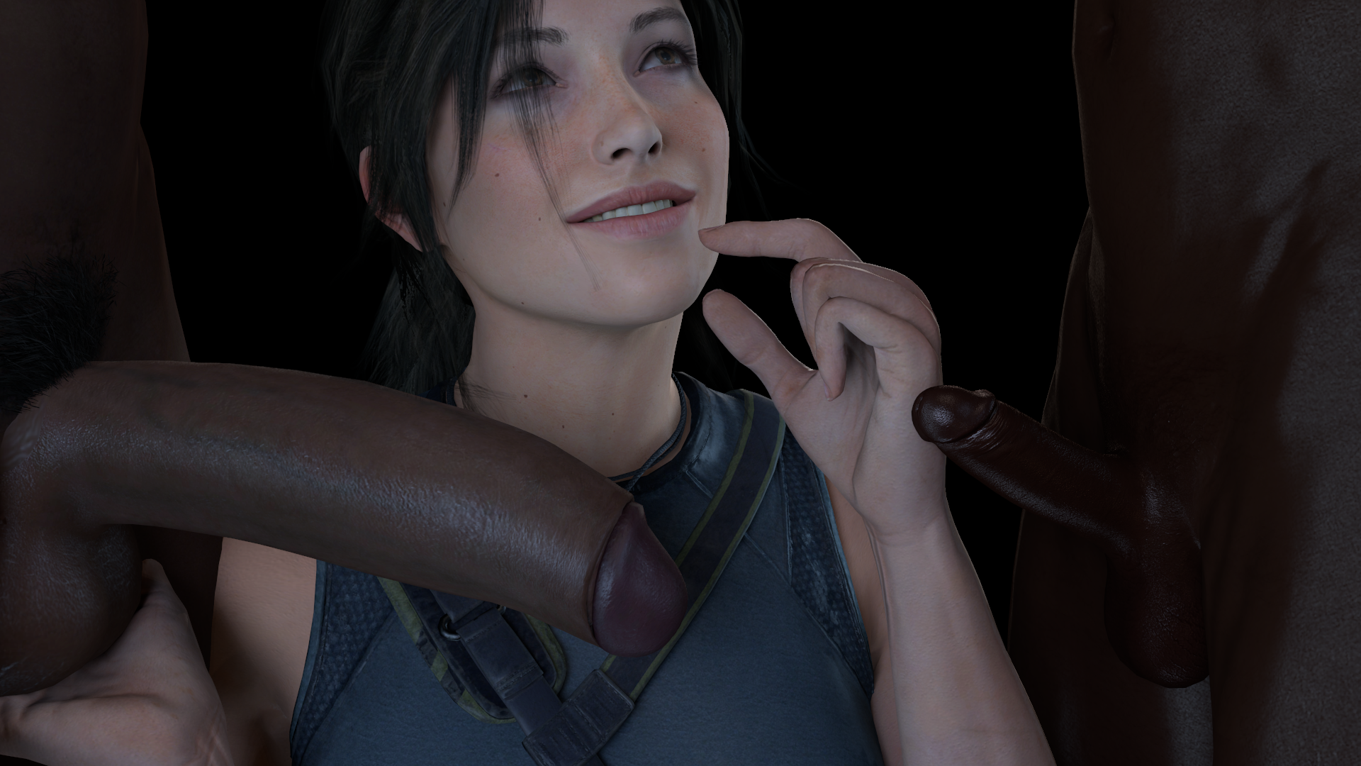 1girls, 2boys, 3d, black hair, clothed female nude male, comparing penis, cuck, cuckold, dark skin, dark-skinned male, erection, female, femdom, huge cock, interracial, lara croft, lara croft (survivor), male, netorare, penis, penis size comparison, penis size difference, pinching gesture, size queen, small penis, small penis gesture, small penis humiliation, smiling, source filmmaker, stephanie23, thick penis, tomb raider, tomb raider (survivor)