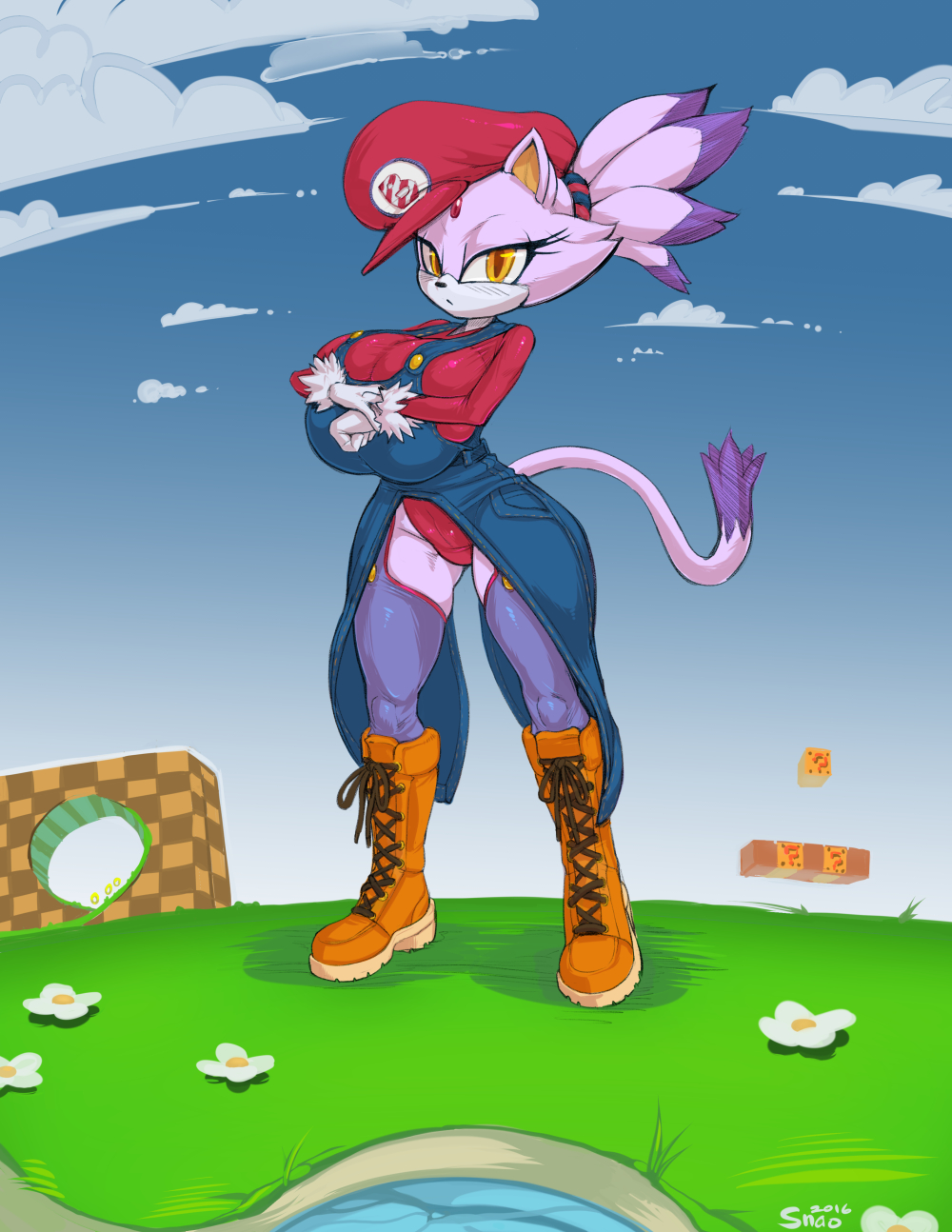 anthro, bedroom eyes, big breasts, blaze the cat, boots, breast expansion, breast growth, breast growth (enlargement), breast squish, breasts, clothing, domestic cat, expansion, felid, feline, felis, female, footwear, fully clothed, hi res, looking at viewer, mammal, mario (cosplay), mario (series), narrowed eyes, nintendo, seductive, sega, snao, solo, sonic (series), sonic the hedgehog (series), squish, super mario bros., super mario bros. (nes), tight clothing, video games, wide hips, yellow eyes