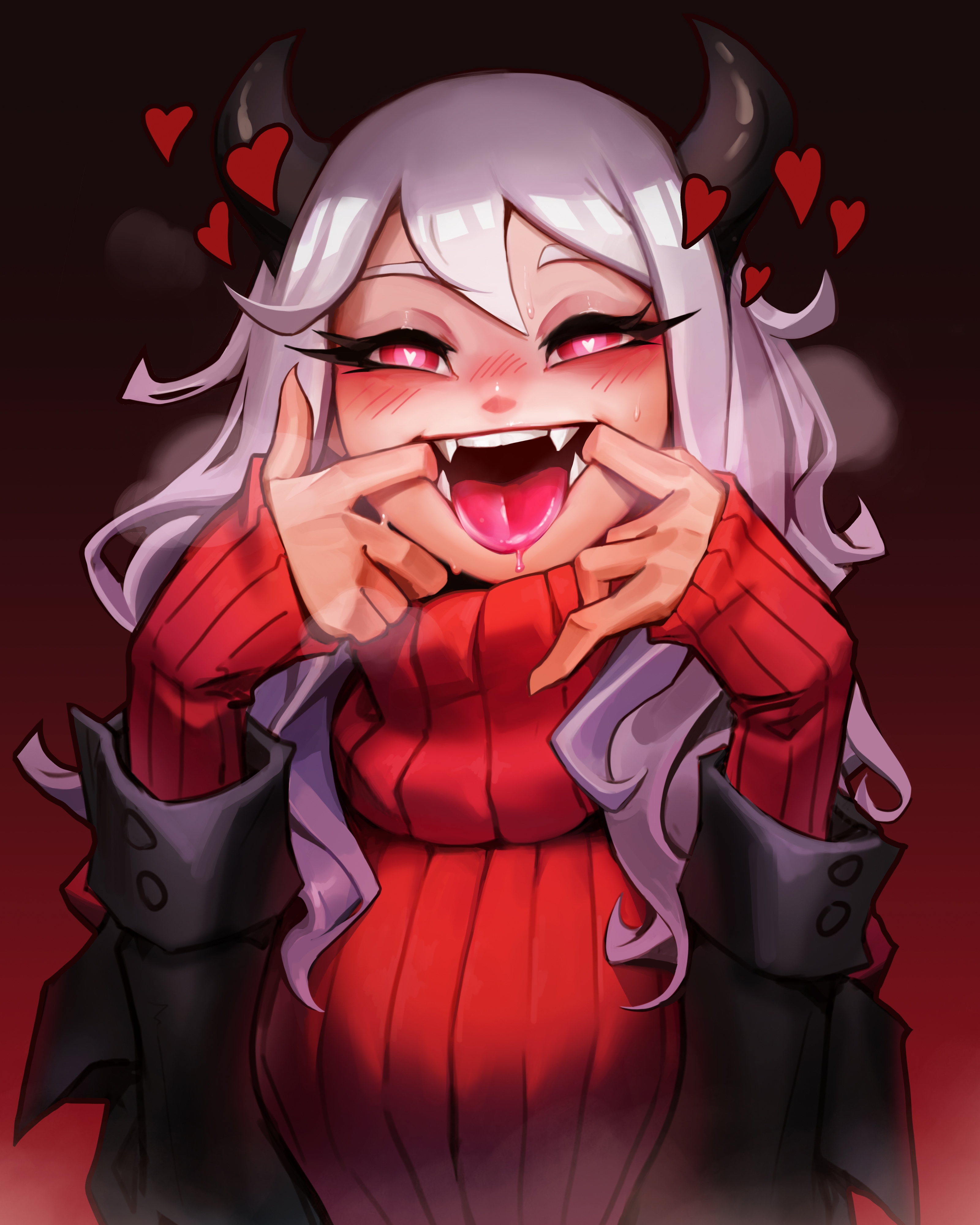 1girls, blush, fangs, female, heart-shaped pupils, helltaker, looking at viewer, modeus (helltaker), open mouth, reagan long, smile, smiling, smiling at viewer, solo, solo female, solo focus, straight hair, teeth, tongue