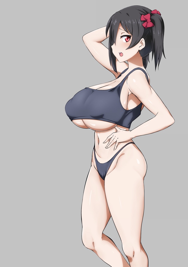 1girls, armpits, arms behind back, aroused, ass, belly button, big breasts, big nipples, black hair, breast expansion, breast growth, breast growth (enlargement), breasts, crop top, female, female only, huge breasts, large breasts, looking at viewer, love live!, love live! school idol project, nipple bulge, nipples, panties, red eyes, thighs, twintails, underwear, uzumi (uzumi yosi), yazawa nico