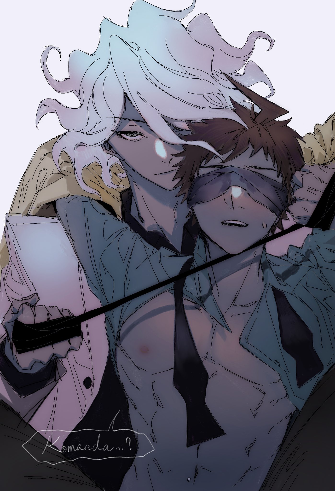2boys, blindfold, bondage, clothed, clothing, color, danganronpa, danganronpa 2: goodbye despair, dialogue, english text, gay, hinata hajime, looking at viewer, male, male only, male/male, muscular, muscular male, nagito komaeda, shirt, shirt lift, shirt up, smooth skin, white background, yaoi