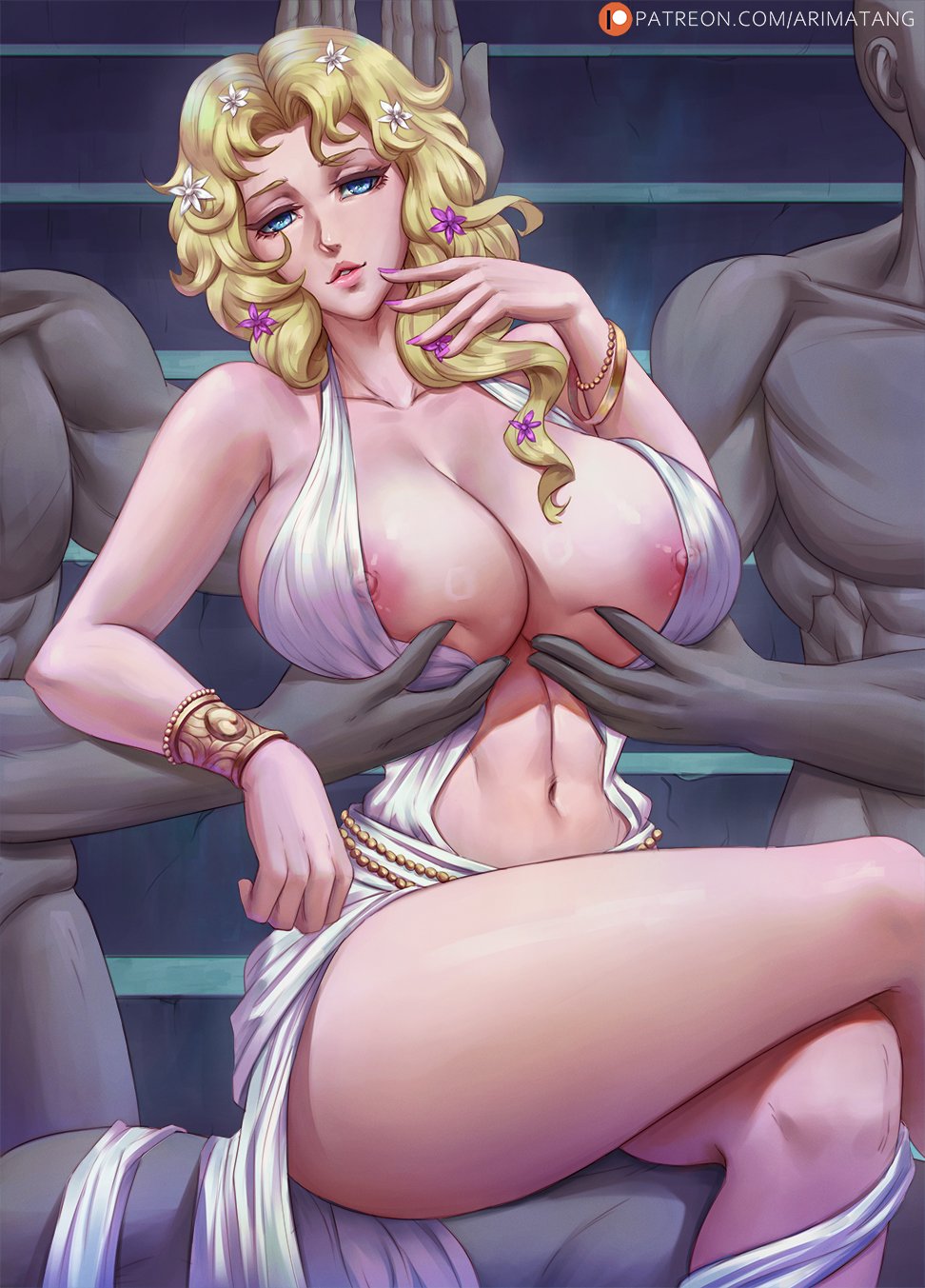 1girls 2021 3boys aphrodite_(shuumatsu_no_valkyrie) areola_slip areolae arimatang artist_signature bangle bare_legs barely_clothed barely_contained belly_button blonde_female blonde_hair blue_eyes breast_grab breast_hold breast_lift breasts deity elegant erect_nipples feet_out_of_frame female female_focus flower flower_in_hair goddess grey_skin head_tilt holding_breasts huge_breasts human_chair jewelry large_areolae legs_crossed long_hair looking_at_viewer male mature_female nail_polish naughty_face nipples painted_nails pale-skinned_female pale_skin record_of_ragnarok see-through see-through_clothing servant servants_holding_aphrodite's_breasts_(meme) shuumatsu_no_valkyrie simple_background sitting sitting_on_person suggestive_look thick_lips thick_thighs thighs white_clothing