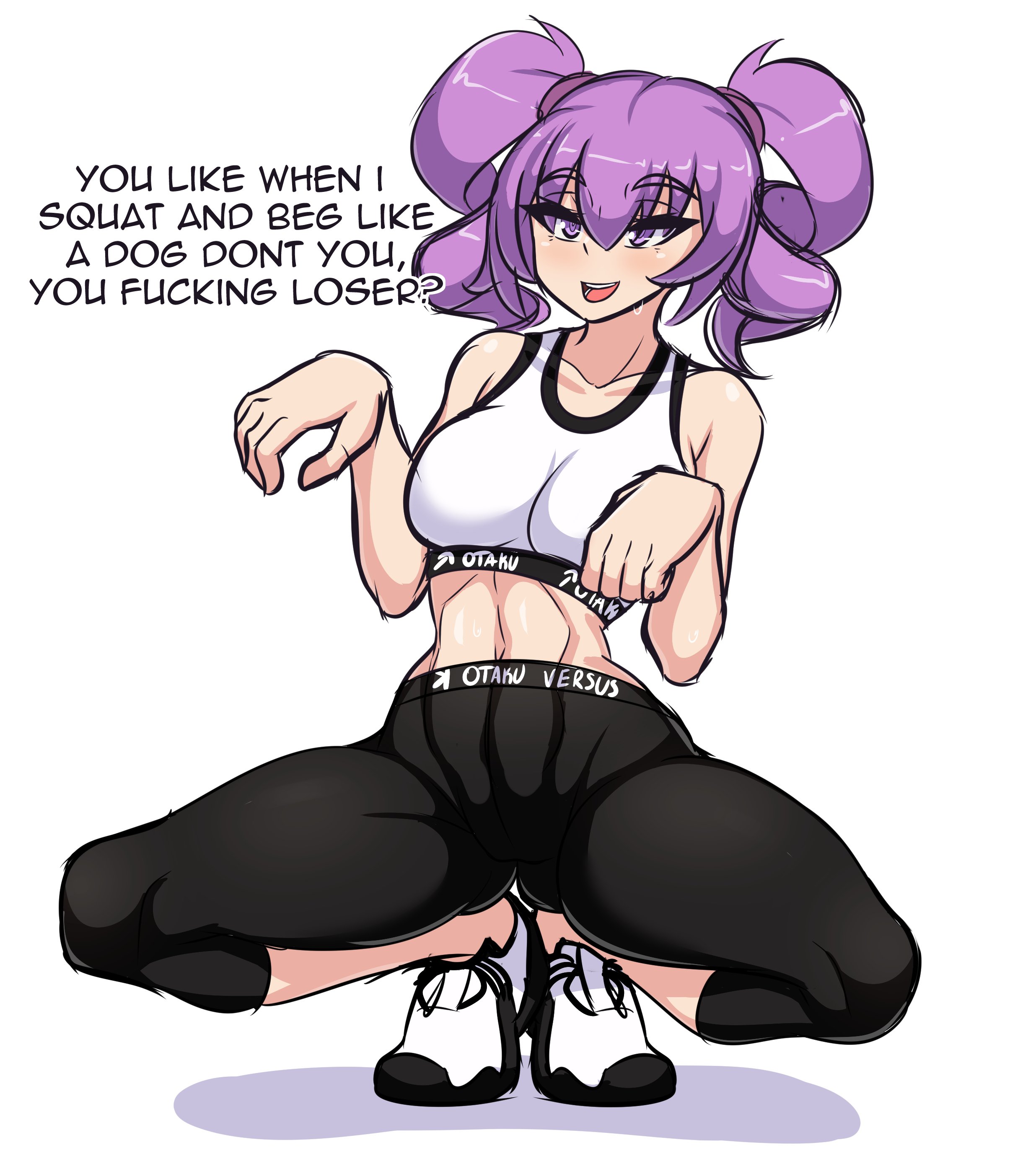 1girls, ass, big ass, english text, female, female focus, female only, kirathefox, looking at viewer, looking to the side, otachan, purple eyes, purple hair, solo, solo female, solo focus, speech bubble, squatting, text, the otachan show, twintails