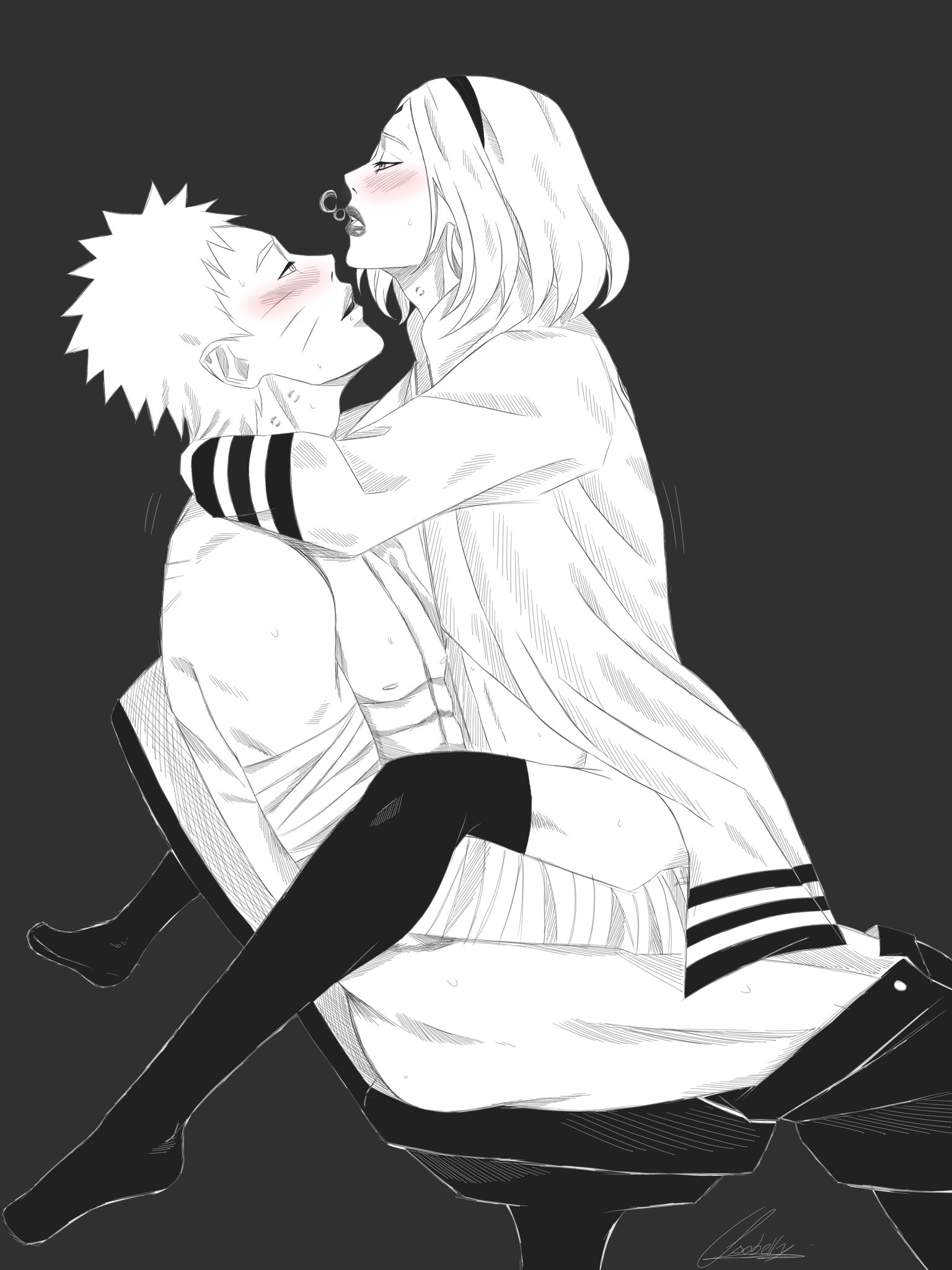 1boy, 1girls, ambiguous penetration, arm around neck, bandaged arm, bandages, blush, boruto: naruto next generations, bottomless, clothed sex, clothing, cowgirl position, female, half-closed eyes, jacket, legwear, lipstick, makeup, male, moaning, monochrome, naked, narusakuart, naruto, naruto (series), pants down, sakura haruno, sex, shirtless, shirtless (male), sitting, sitting on chair, sitting on person, stockings, straddling, uzumaki naruto