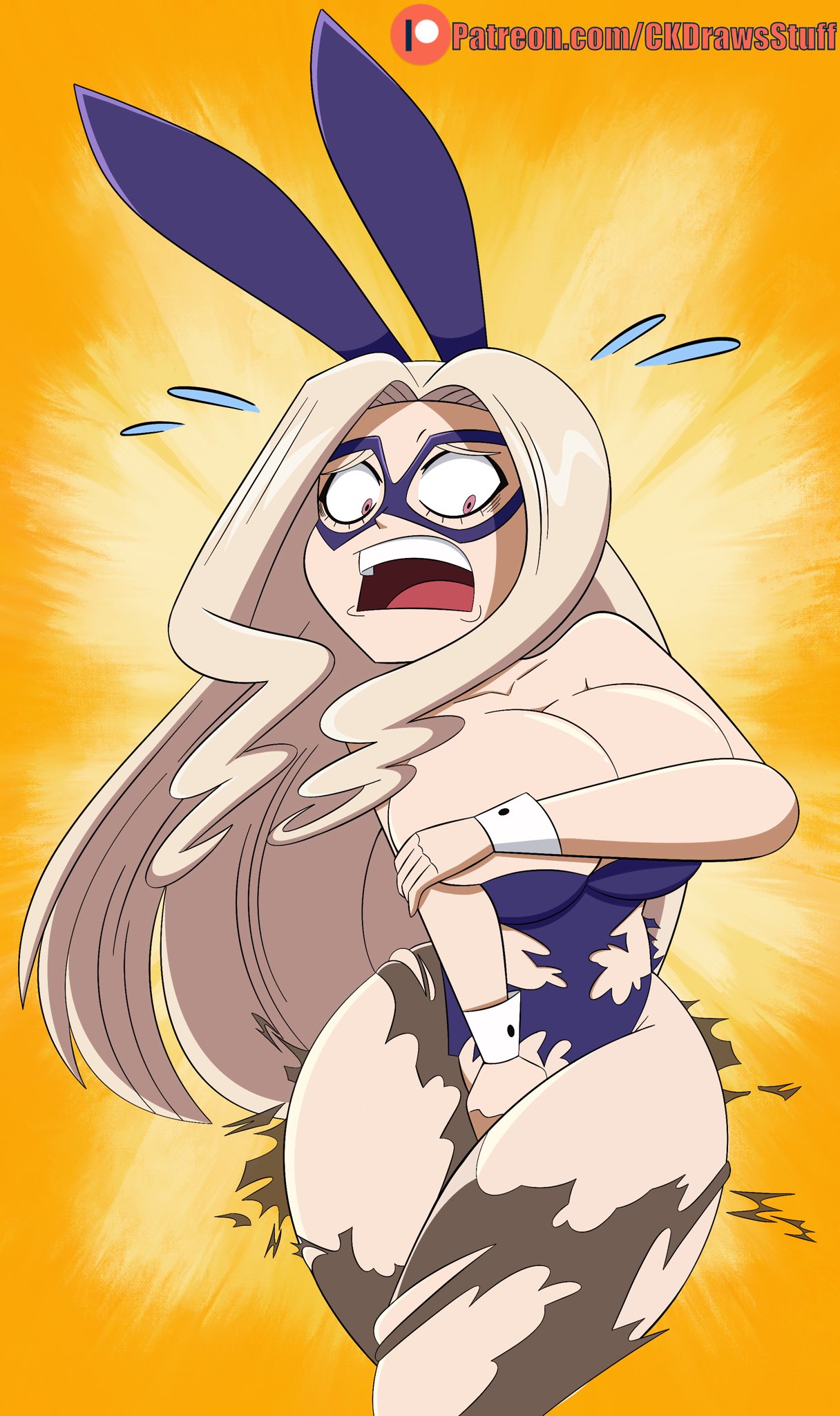 1girls, bare shoulders, blonde hair, breasts, bunny ears, bunnysuit, bursting breasts, bursting clothes, clothing, codykins123, covering, covering breasts, covering crotch, cuffs, exploding clothes, female, large breasts, legs crossed, long hair, looking down, looking surprised, mount lady, my hero academia, narrow shoulders, open mouth, pantyhose, pink eyes, ripped clothing, solo, standing, sweat, thick thighs, watermark, yuu takeyama