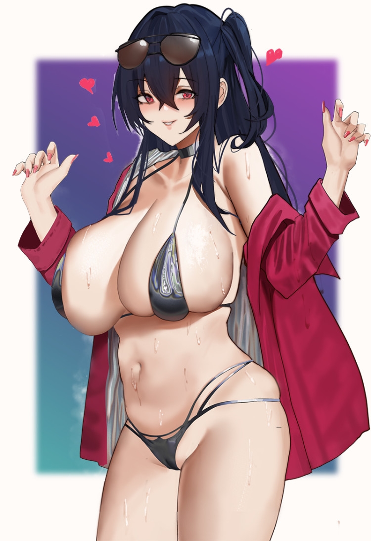 2021 azur_lane bare_shoulders belly big_breasts bikini bikini_bottom bikini_top blue_hair collarbone covered_nipples dark_hair eyebrows eyebrows_visible_through_hair eyelashes gradient_background grey_bikini grey_bikini_bottom grey_bikini_top heart huge_breasts looking_at_viewer navel red_eyes simple_background sunglasses sunglasses_on_head taihou_(azur_lane) taihou_(enraptured_companion)_(azur_lane) thighs xmyxi