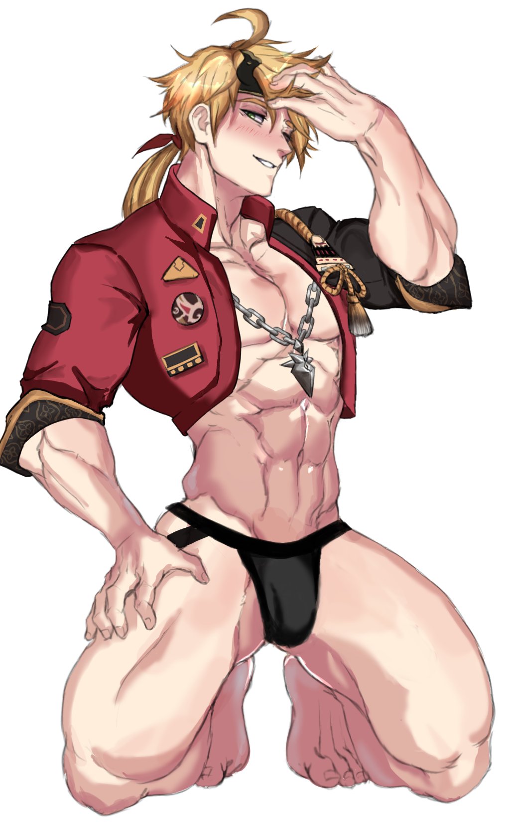 1boy, abs, blonde hair, briefs, gay, gay male, genshin impact, genzonillablack, green eyes, human, jockstrap, long hair, long-haired male, male, male only, masculine, muscular, muscular male, necklace, open shirt, pecs, red shirt, smooth skin, smooth skinned male, softcore, solo, thoma (genshin impact), yaoi