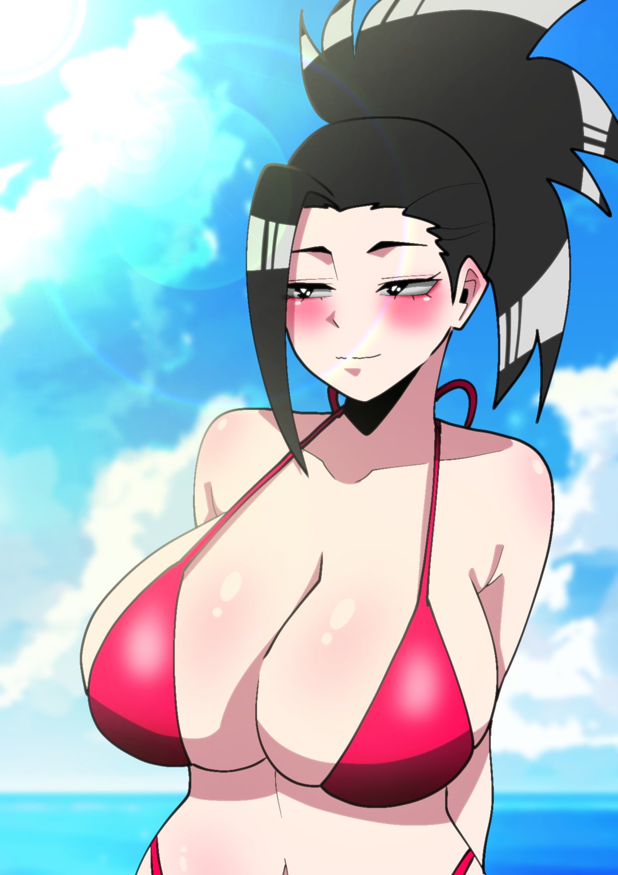 bikini bikini_top black_eyes black_hair blue_sky blush breasts green_bean large_breasts looking_at_viewer momo_yaoyorozu my_hero_academia ponytail red_bikini red_bikini_top smiling sunshine yaoyorozu_momo