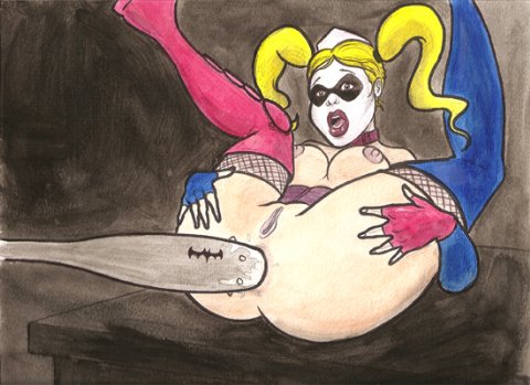 1girls anal anal_insertion anal_object_insertion baseball_bat baseball_bat_in_ass batman:_arkham_asylum batman_(series) big_breasts blonde_hair boots breasts color dc dc_comics drawn eye_mask female female_only fishnet_stockings fishnets harley_quinn naked nipples object_insertion pigtails pussy solo stockings thigh_boots unknown_artist