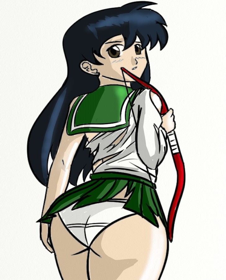 back_view black_hair blush bronx1287 brown_eyes clothing_damage higurashi_kagome inuyasha kagome_higurashi panties solo underwear white_panties