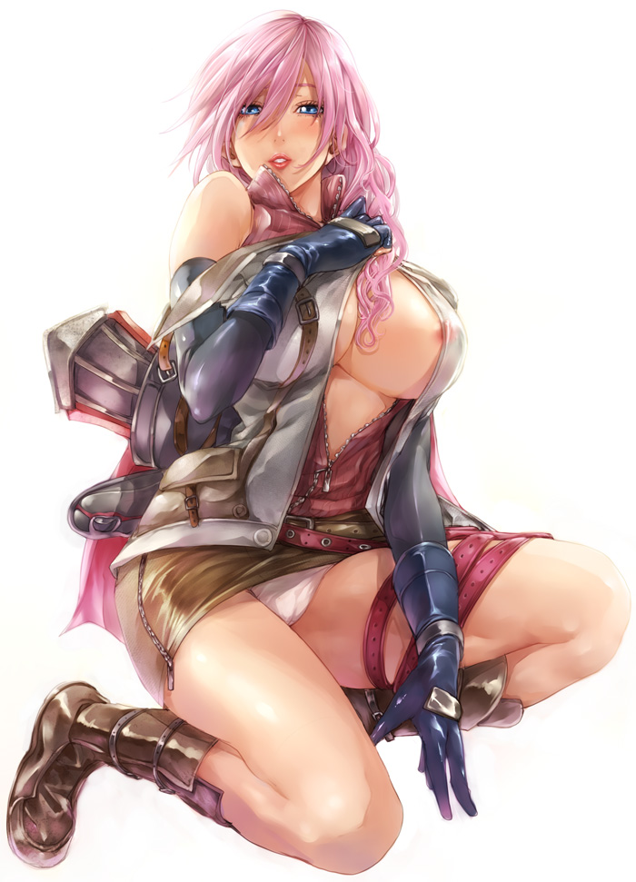 blue_eyes boots breasts cleavage eclair_farron elbow_gloves female female_only final_fantasy final_fantasy_xiii gloves huge_breasts human kneeling long_hair looking_at_viewer maimu nipples open_clothes open_shirt panchira panchira_(sitting) panties pantyshot pantyshot_(sitting) pantyshot_sitting parted_lips pink_hair shirt simple_background sitting solo squatting thigh_strap underwear unzipped upskirt white_background white_panties