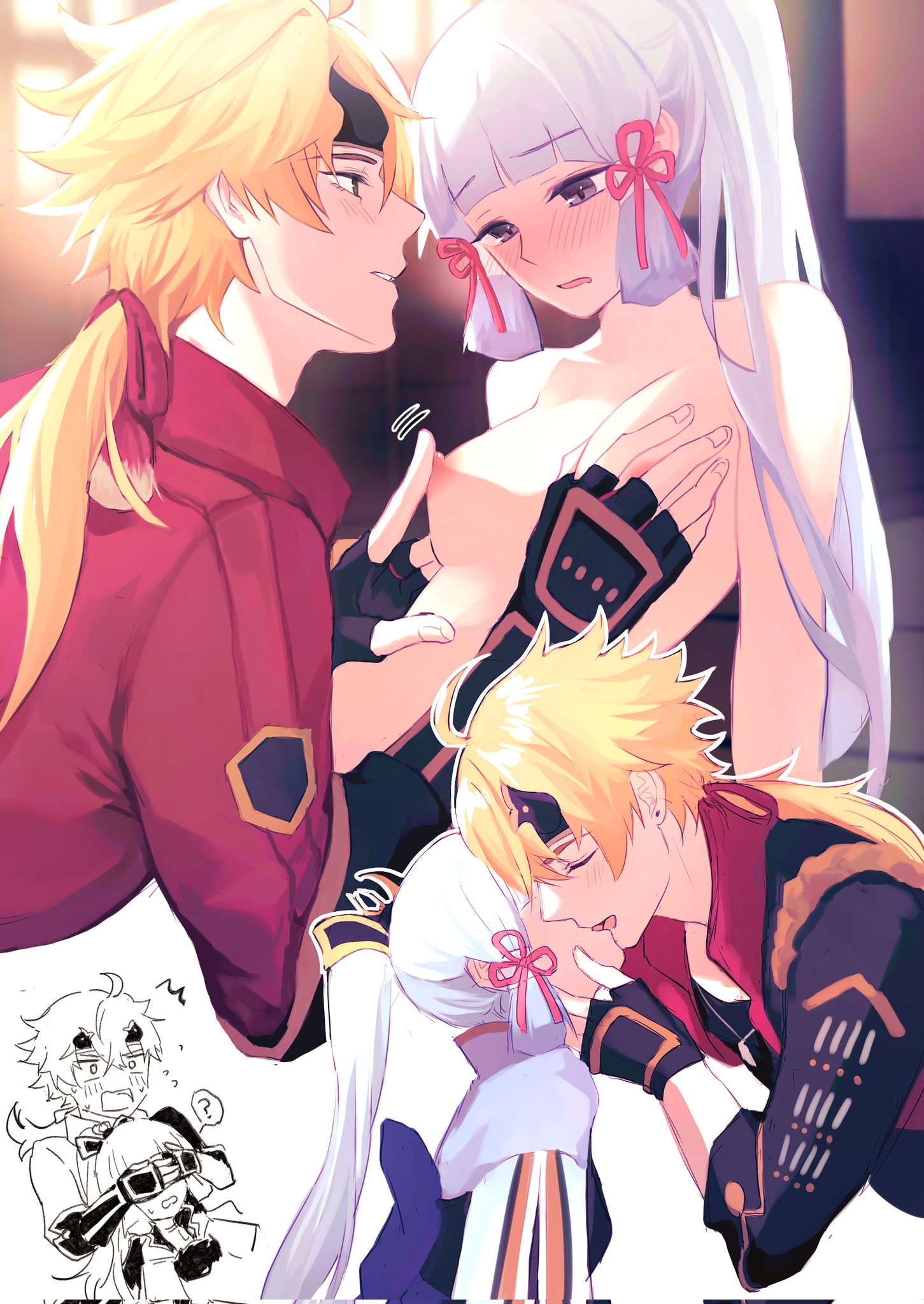 1boy, 1girls, blonde hair, blue hair, blush, blush lines, blushing, breasts, covering eyes, erect nipples, female, french kiss, genshin impact, gloves, hairband, hand on breast, hand on cheek, headband, jacket, japanese clothes, k4xdkskmeonk, kamisato ayaka, kissing, light blue hair, light skin, light-skinned female, light-skinned male, long hair, male, male/female, naked, nipple play, nipple tweak, nipples, nude, nude female, nude female clothed male, ponytail, straight, thoma (genshin impact), tongue kiss, topless, topless female, white hair