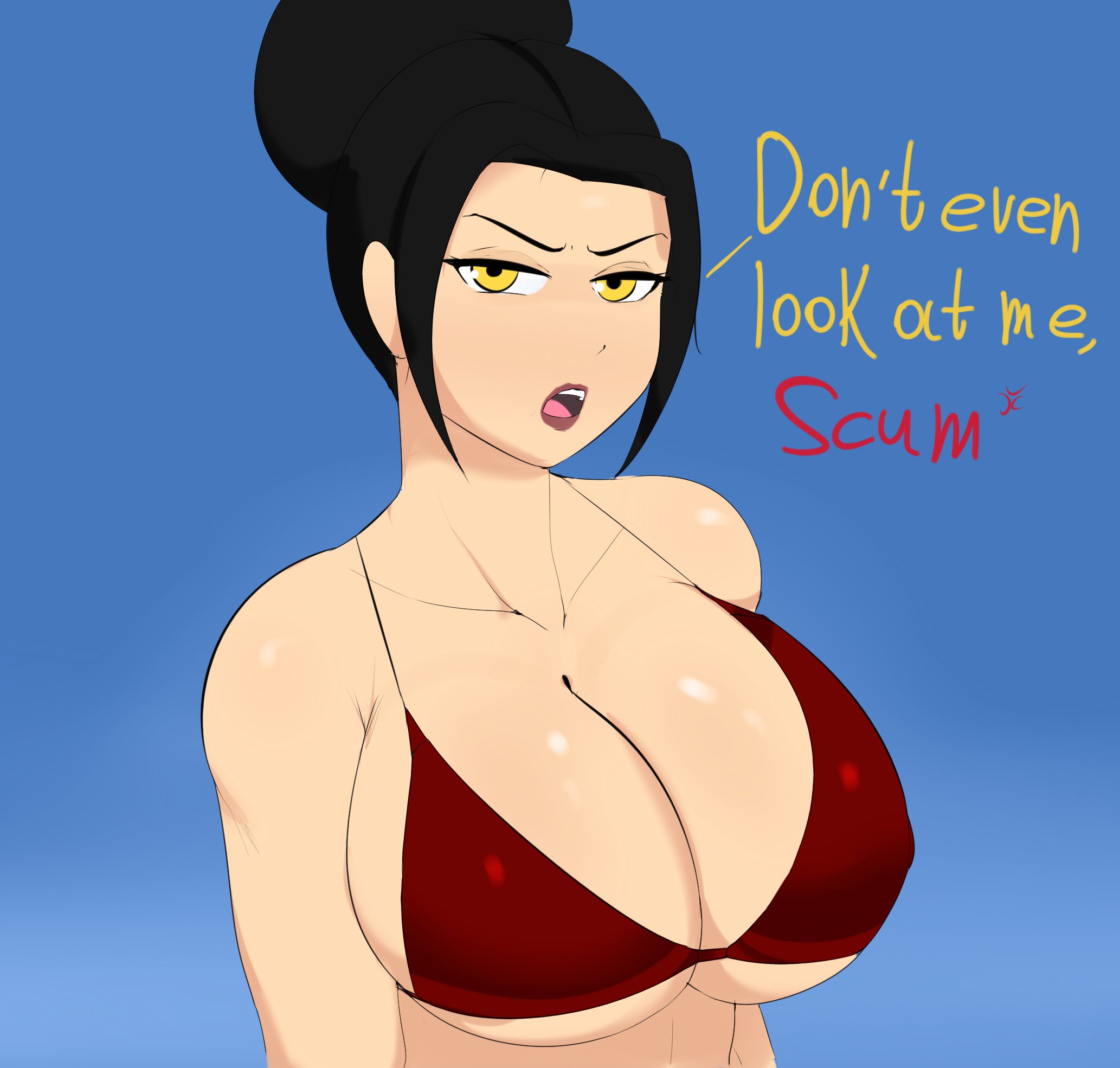 1girls, avatar the last airbender, azula, big breasts, bikini, bikini top, black hair, breasts, cleavage, female, female only, g3mma, large breasts, lipstick, looking at viewer, nickelodeon, open mouth, solo, swimsuit, tied hair, yellow eyes