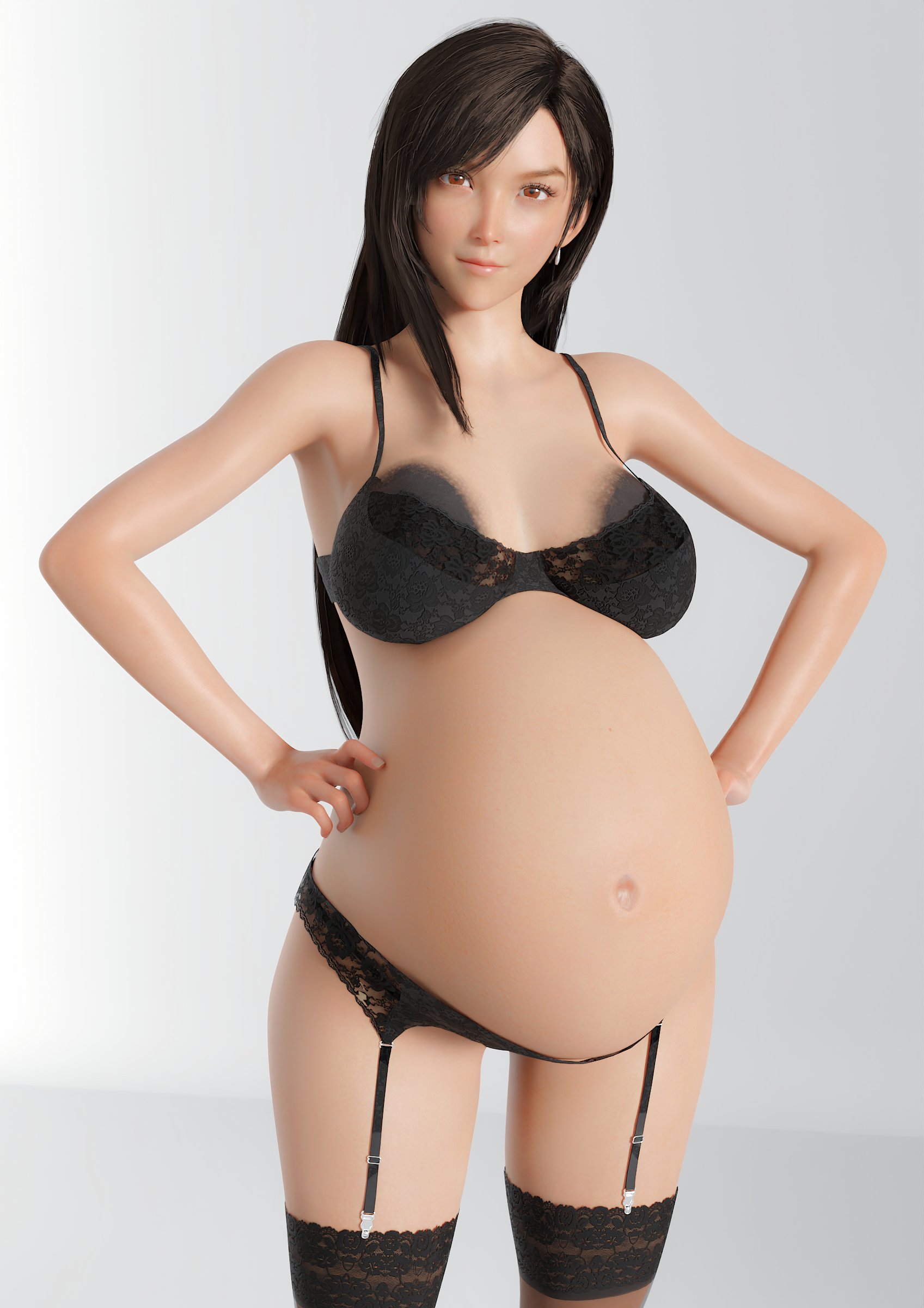 1girls, 3d, baritatsu, big breasts, bra, breasts, cleavage, dark areola, dark nipples, female, female only, final fantasy, final fantasy vii, huge belly, large breasts, pregnant, ready to pop, solo, thighhighs, tifa lockhart