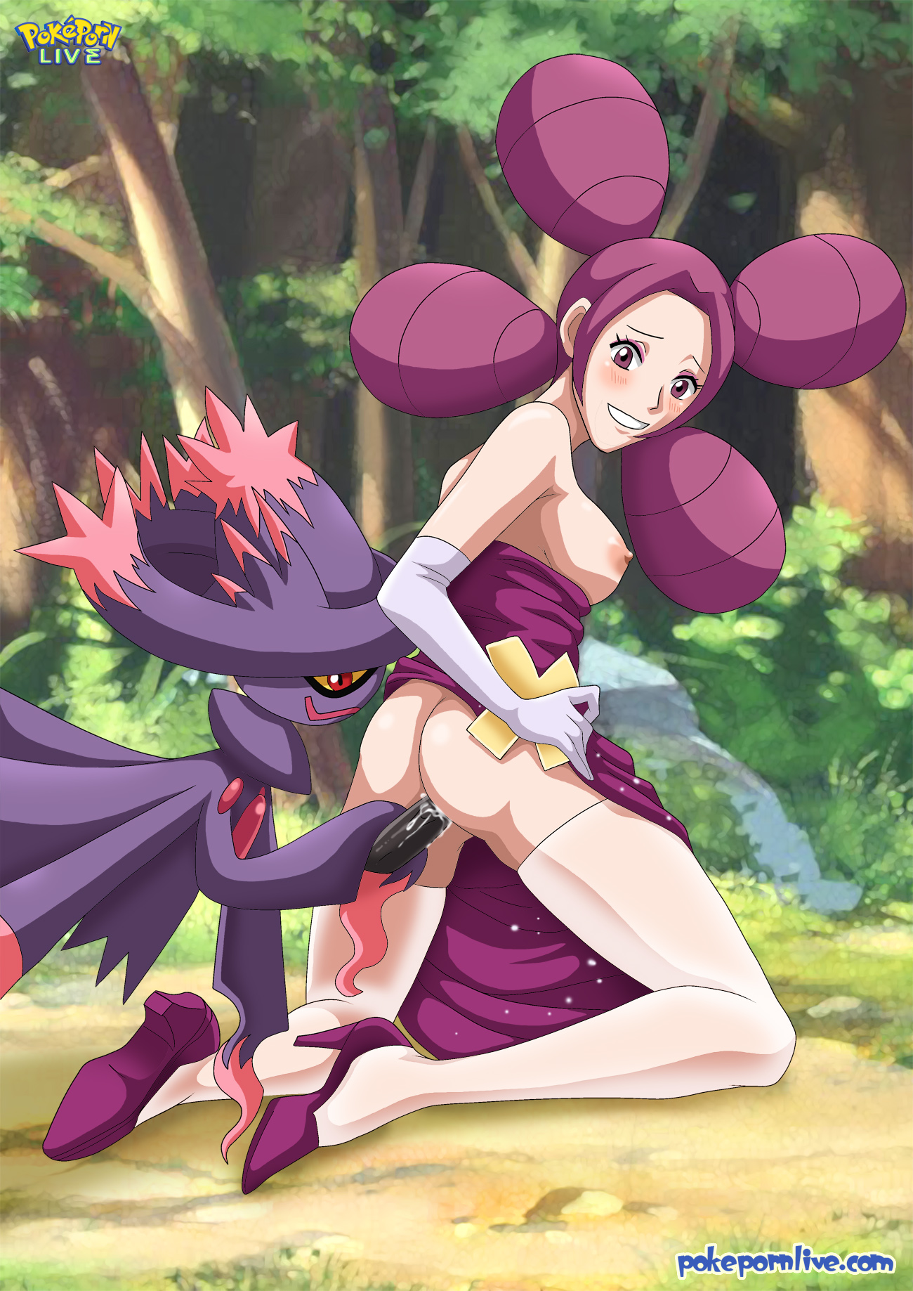 1girls, ambiguous gender, ass, blush, breasts, dildo, dress, fantina (pokemon), female, feral, feral on female, feral on human, feral penetrating, gym leader, high heels, human, human on feral, looking back, melissa (pokemon), mismagius, nipples, outside, pokemon, pokemon (species), pokemon dppt, pokephilia, pokepornlive, purple eyes, purple hair, sex toy