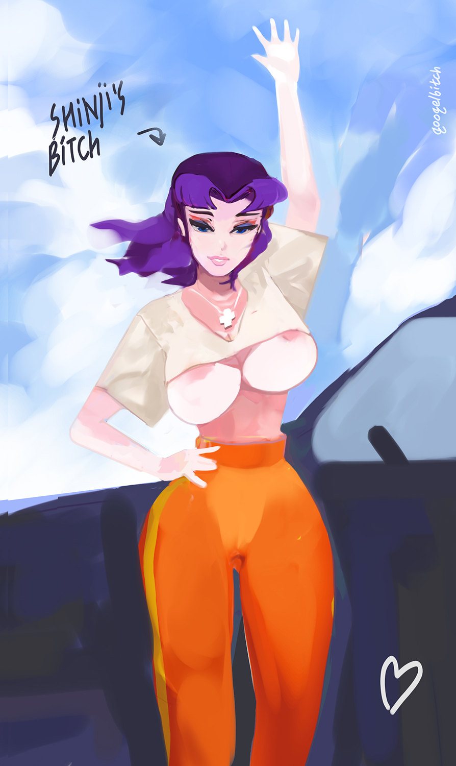 1girls, breasts, car, clothing, crop top, female, googelbitch, large breasts, misato katsuragi, neon genesis evangelion, purple hair, tagme, waving