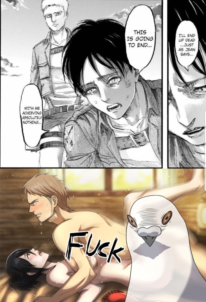 1boy 1boy1girl 1girls angry asian asian_female athletic athletic_male attack_on_titan before_and_after bird bird_eren blush cabin comic english english_text eren_jaeger female female_widow funny hard_sex hetero jean_kirstein jeankasa male manga meme mikasa_ackerman missionary_position netorare ntr reiner_braun scarf_removed sex speech_bubble straight straight_sex sweat sweatdrop text toned_female widow