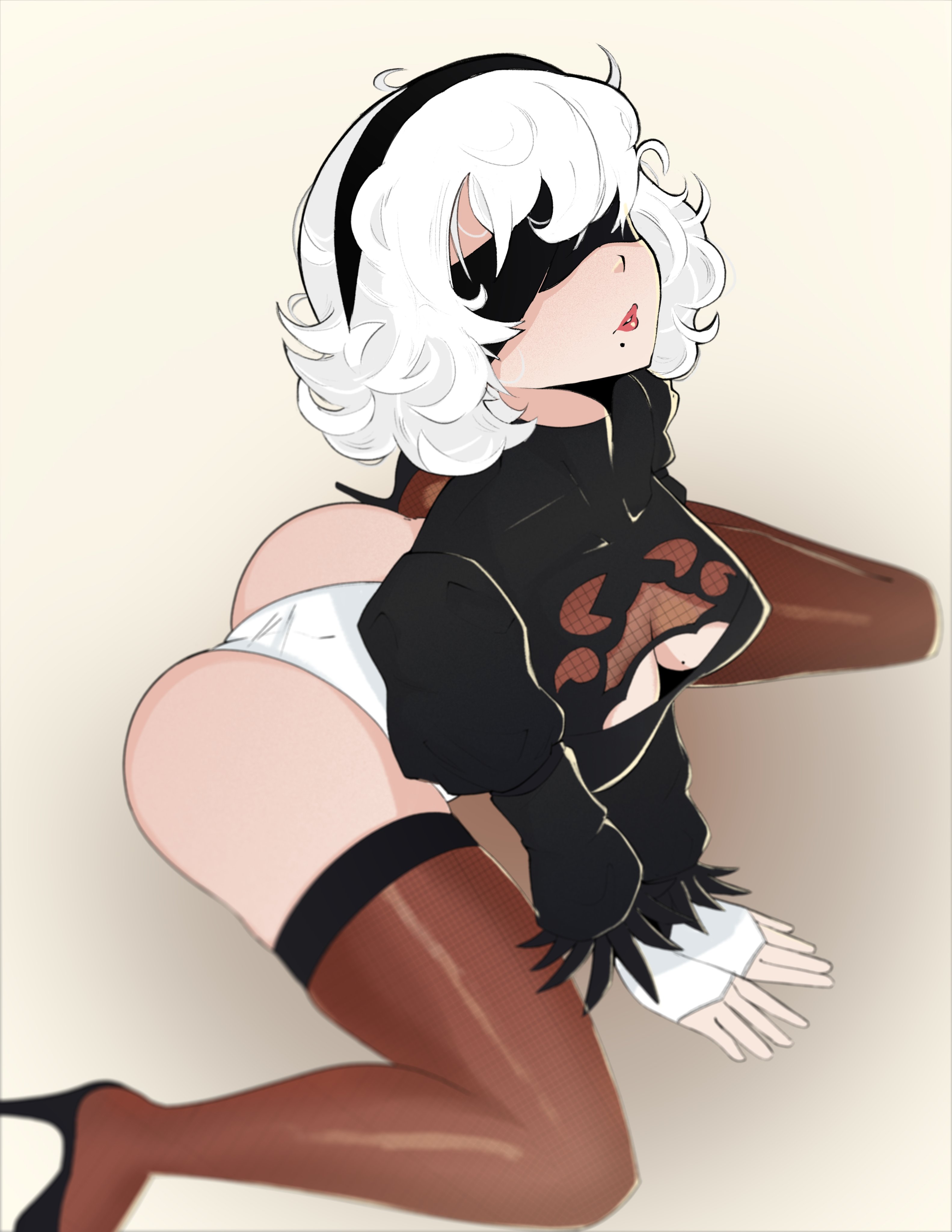 aidancore, ass, big ass, big butt, blindfold, boob window, breasts, curly hair, cute, fat ass, female, headband, heels, nier, nier: automata, red lipstick, sitting, white hair, yorha 2b