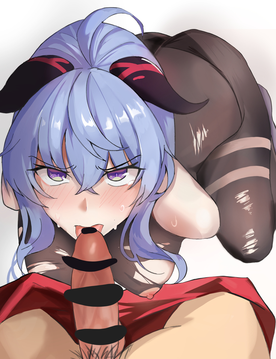 1boy, 1girls, ahoge, angry, blowjob, blue hair, blush, censored, clothed, crying, demon, demon girl, eye contact, fellatio, female, female focus, ganyu (genshin impact), genshin impact, hands-free, horns, licking penis, long hair, looking up, male, male pov, oral, penis, pov, pov eye contact, purple eyes, ripped clothing, sweating, top view