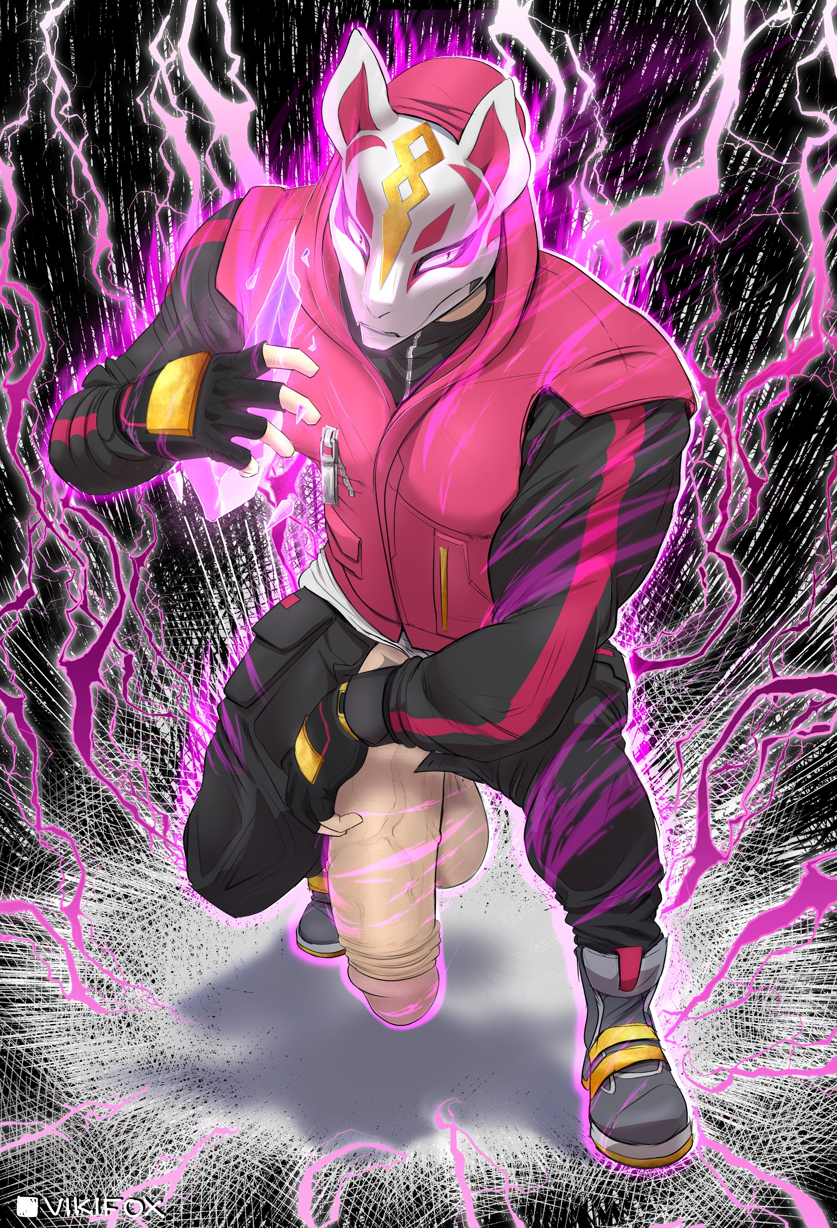 1boy, absurd res, big penis, black gloves, drift (fortnite), fingerless gloves, flaccid, foreskin, fortnite, fox ears, fox mask, gay, gloves, glowing, glowing eyes, hi res, high resolution, highres, human, hung, kitsune, long penis, male, male focus, male only, mask, pants, penis, penis out, pink clothing, pink sweater, powers, shiny, shoes, solo, sweater, tagme, uncircumcised, uncut, vein, veiny, veiny penis, vikifox (artist)