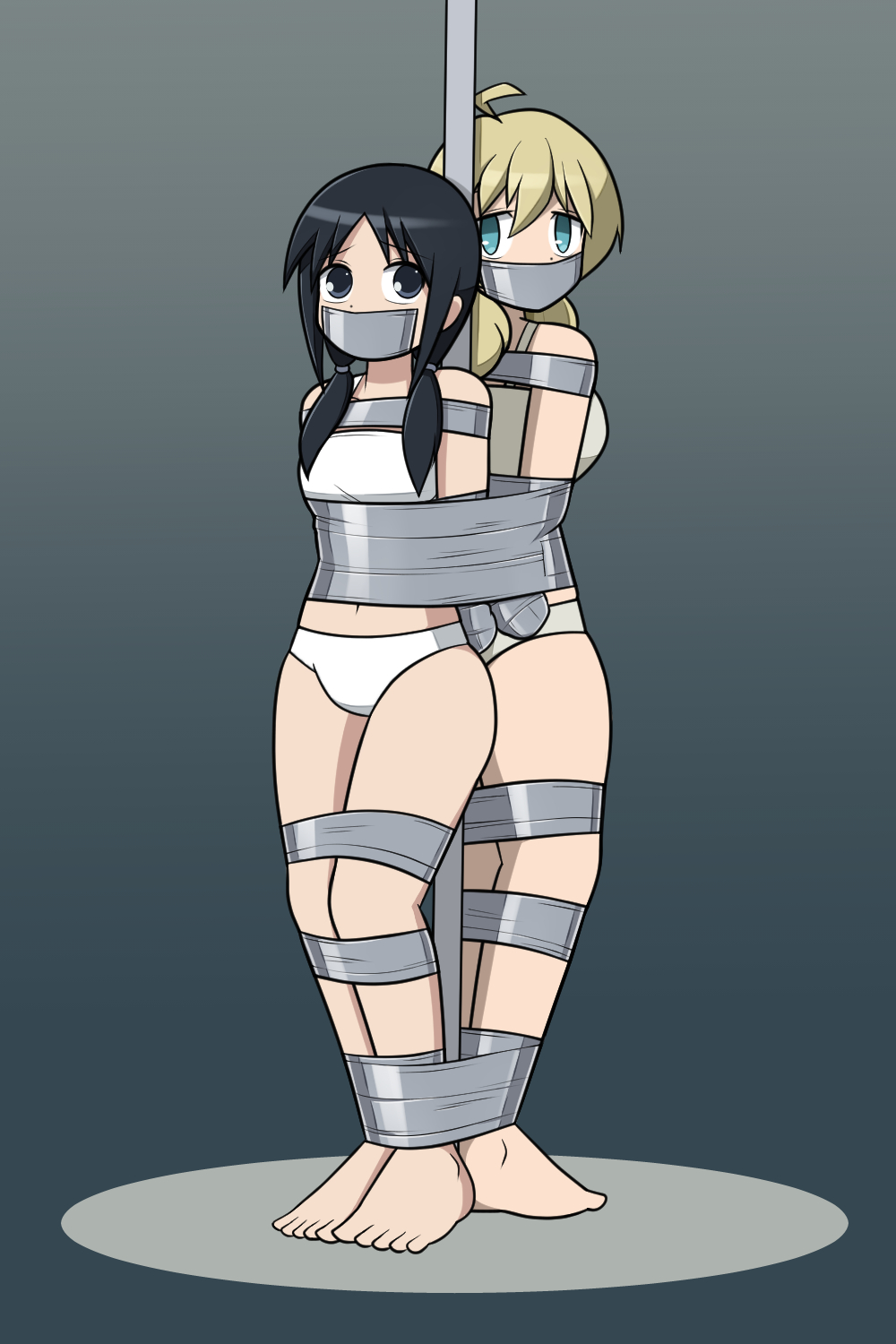 aged_up ass barefoot black_eyes black_hair blonde_hair blue_eyes bondage bound bound_ankles bound_arms bound_legs bound_to_pole bound_together bra breasts chito_(shoujo_shuumatsu_ryokou) female femsub gag gagged girls'_last_tour medium_breasts multiple_girls multiple_subs nivek15 panties pillar pole_between_ass restrained shoujo_shuumatsu_ryokou small_breasts tape tape_bondage tape_gag taped_ankles taped_arms taped_hands taped_legs taped_mouth taped_to_pole taped_together underwear yuuri_(shoujo_shuumatsu_ryokou)