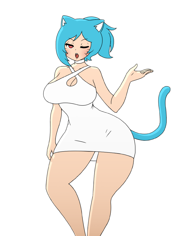 2d animal_ears anthromorph big_breasts blue_hair blushing boob_window choker curvy female female_only light-skinned_female light_skin manyakis mike_inel nicole_watterson nicole_watterson_(human) pale-skinned_female pale_skin ponytail pose posing red_eyes solo tagme tail the_amazing_world_of_gumball the_amazing_world_of_gumball_(human) tight_clothing tight_dress transparent_background whisker_markings white_dress winking winking_at_viewer