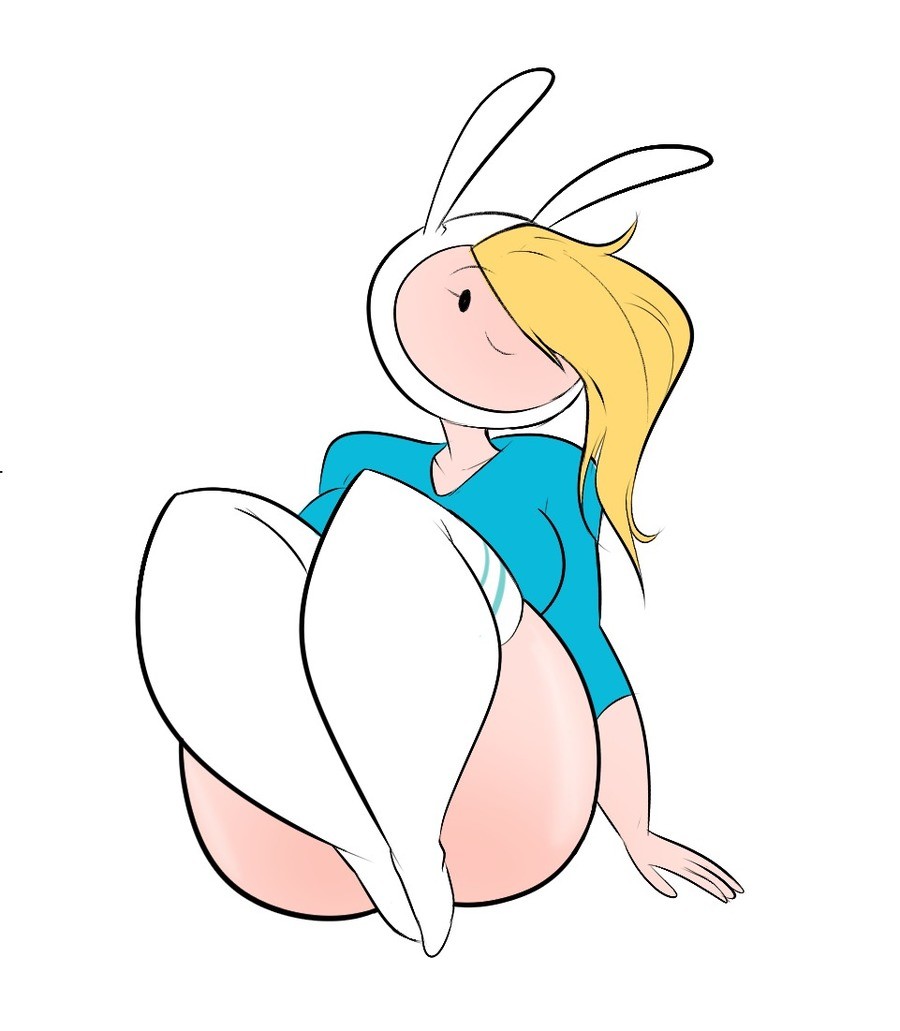 adventure time, ass, big ass, big breasts, blonde hair, bottomless, breasts, bunny costume, cartoon network, dabble, female, female only, fionna the human girl, huge ass, huge breasts, kneesocks, long hair, pink skin, shirt, simple background, sitting, solo female, thick thighs, thighhighs, white background