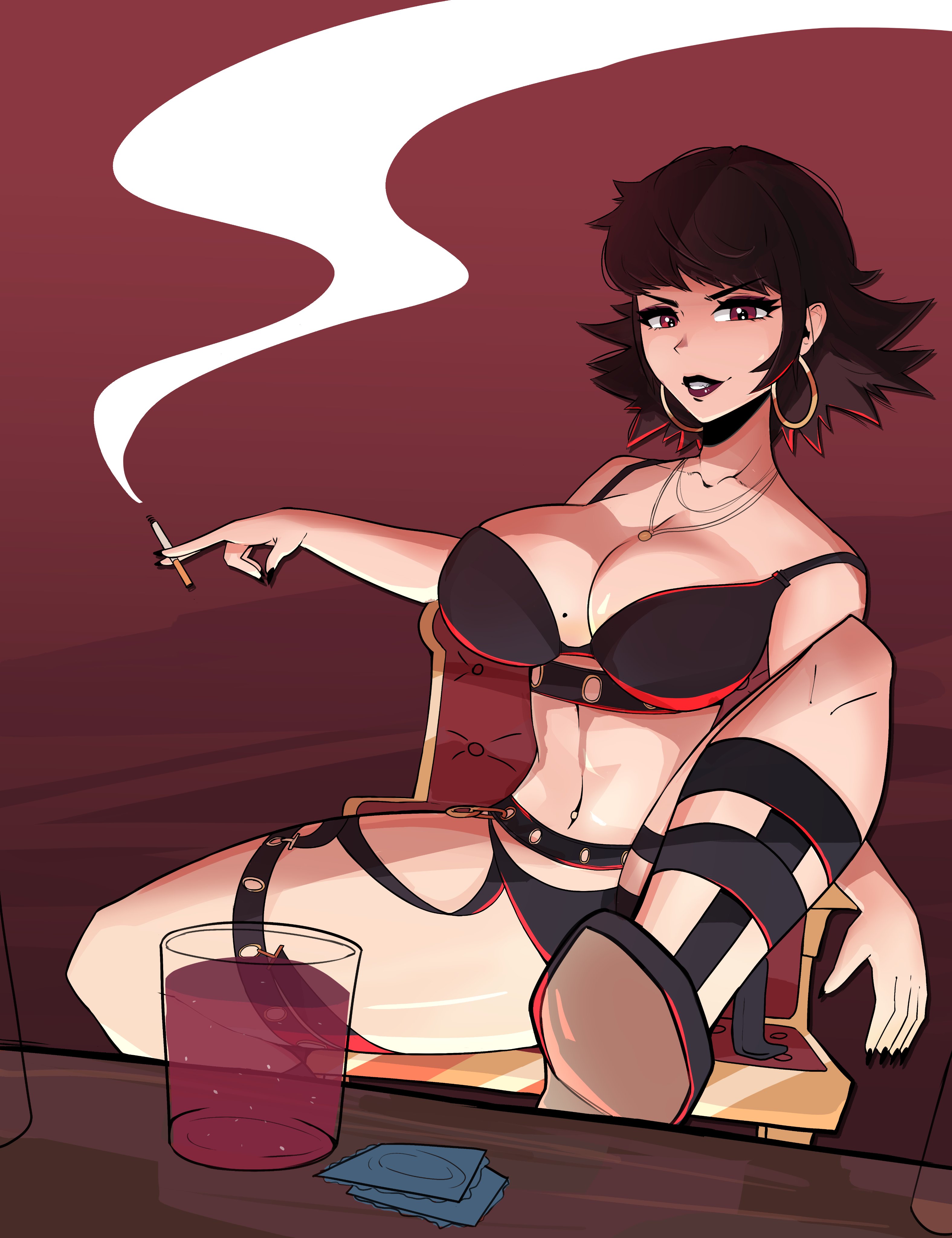 aidancore, atlus, big breasts, breasts, brown hair, cigarette, clothing, condom, earrings, female, gold jewelry, hoop earrings, lipstick, makoto niijima, mole on breast, persona, persona 5, seductive, sega, short hair, sitting on chair, slim waist, smoking