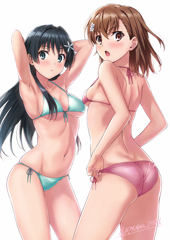 2girls ahoge armpits arms_behind_head arms_up ass bikini black_hair blue_eyes blush breasts brown_eyes brown_hair commentary_request female female_only flower from_behind hair hair_flower hair_ornament halterneck isshi_pyuma long_hair looking_at_viewer looking_back medium_breasts misaka_mikoto multiple_girls navel pose saten_ruiko shiny shiny_hair shiny_skin short_hair side-tie_bikini simple_background standing string_bikini swimsuit tagme teenage_girl teenager to_aru_kagaku_no_railgun to_aru_majutsu_no_index white_background young