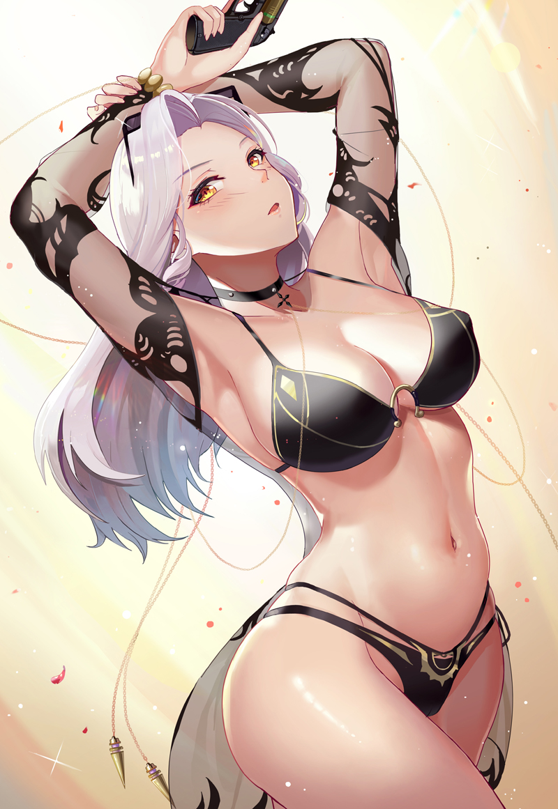 1girls armpits arms_up bangs bikini blush bracelet breasts carmilla_(fate) carmilla_(swimsuit_rider) cleavage eyewear_on_head fate/grand_order fate_(series) female gun i.bou jewelry large_breasts leaning_back long_hair looking_at_viewer navel sheer_clothes solo standing sunglasses sunglasses_on_head swimsuit weapon white_hair yellow_eyes