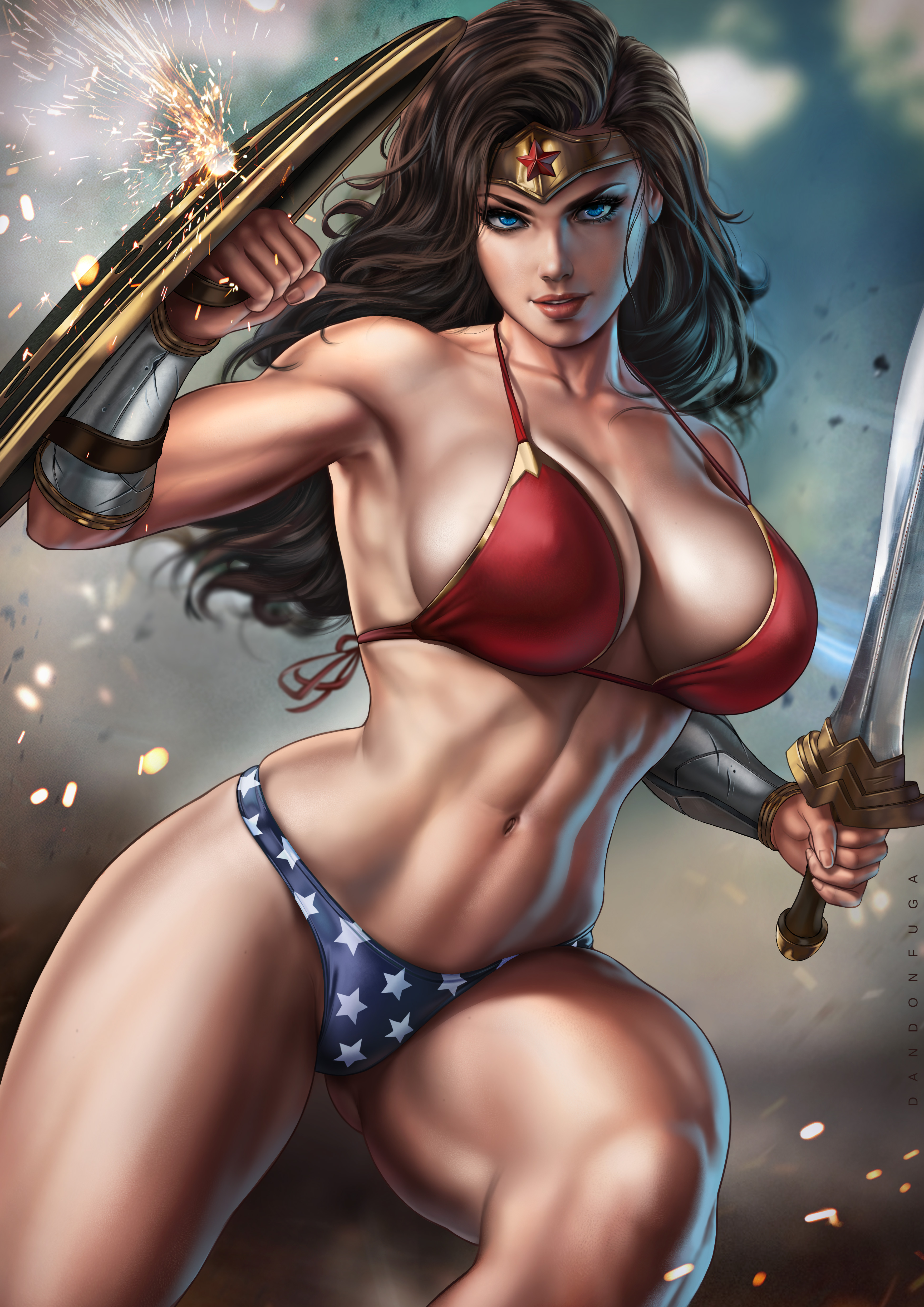 1girls, abs, action pose, ass, bare shoulders, big ass, big breasts, big butt, bikini, bikini bottom, bikini top, blue eyes, bra, breasts, brown hair, child bearing hips, cleavage, clothed, clothing, dandon fuga, dc, dc comics, female, female focus, female only, fit, fit female, hips, holding weapon, large breasts, muscular, muscular female, navel, shield, smile, solo, solo female, solo focus, sword, thick thighs, thighs, tiara, toned, toned female, underwear, voluptuous, warrior, weapon, wide hips, wonder woman, wonder woman (series)