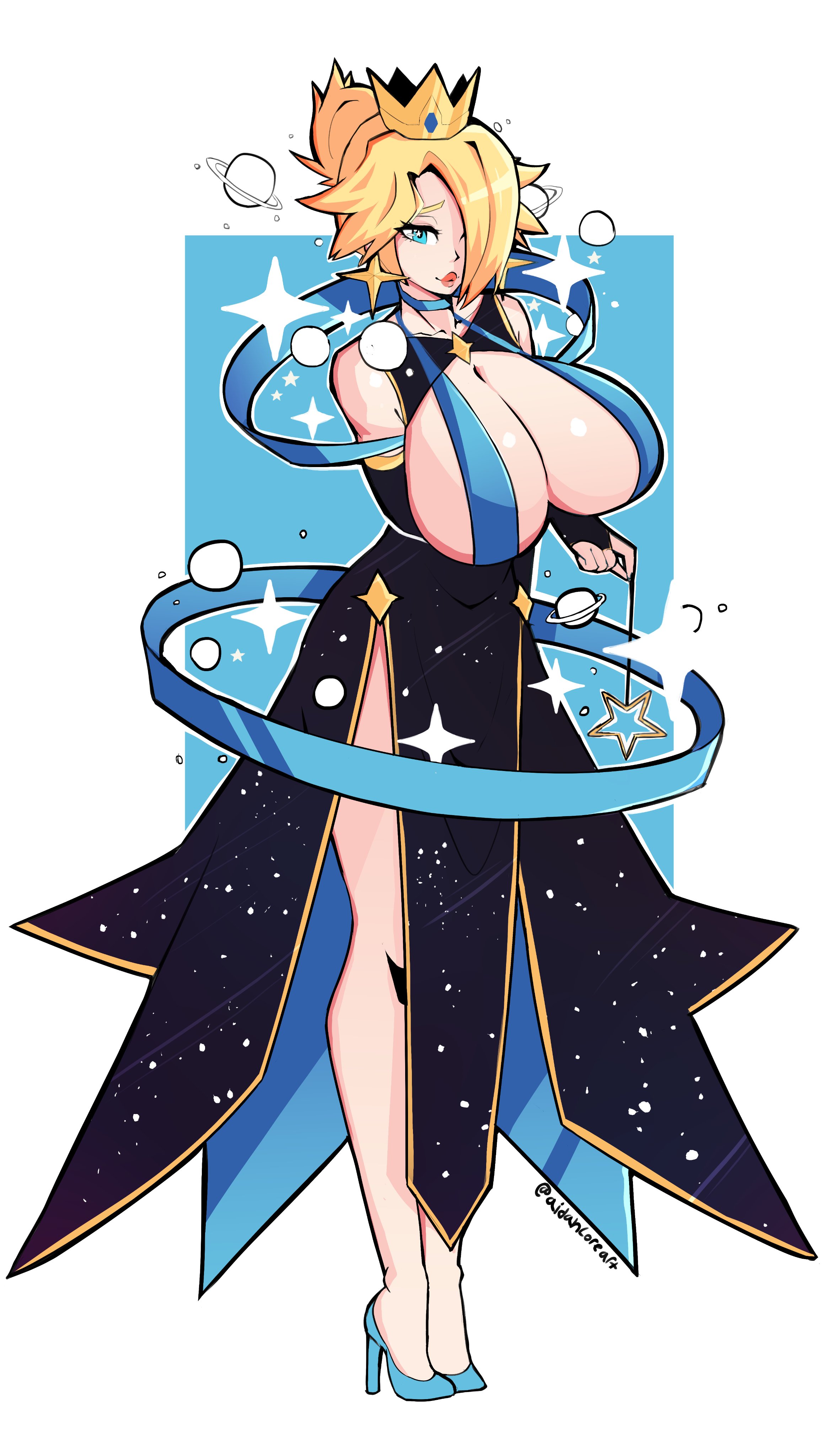 aidancore, big breasts, blonde hair, blue eyes, blue heels, breasts, crown, cute, earrings, female, giant breasts, heels, high heels, mario (series), nintendo, princess rosalina, stars, super mario galaxy