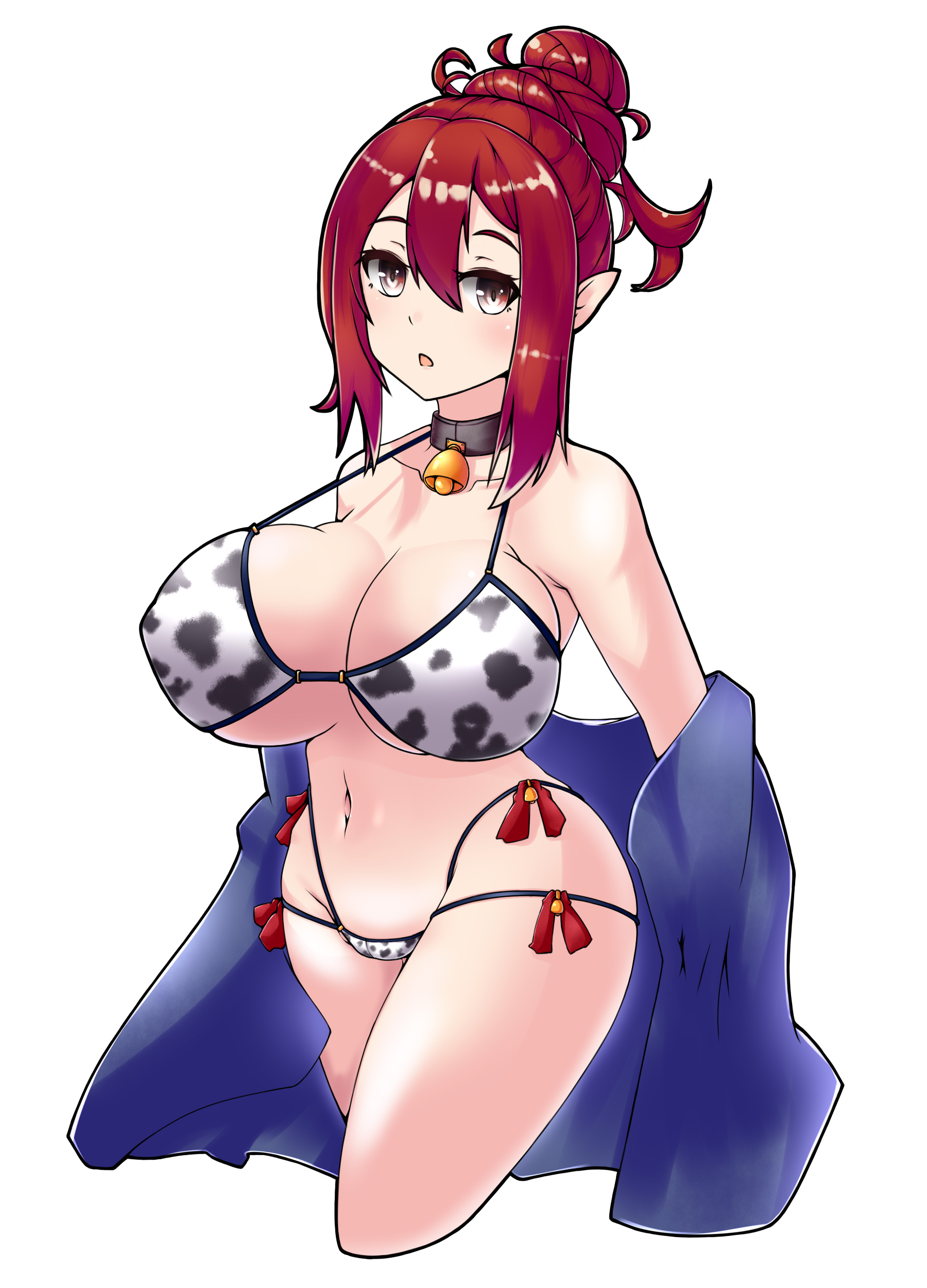 1ki do, alternate breast size, alternate color, alternate costume, alternate hair color, bell, bikini, breasts, coat, cow bikini, cow girl, cow print, cow print bikini, female, fire emblem, fire emblem fates, huge breasts, kana (fire emblem), kana (fire emblem) (female), large breasts, looking at viewer, mature female, medium hair, neck bell, nintendo, pointy ears, red hair, tied hair, undressing, white background, year of the ox