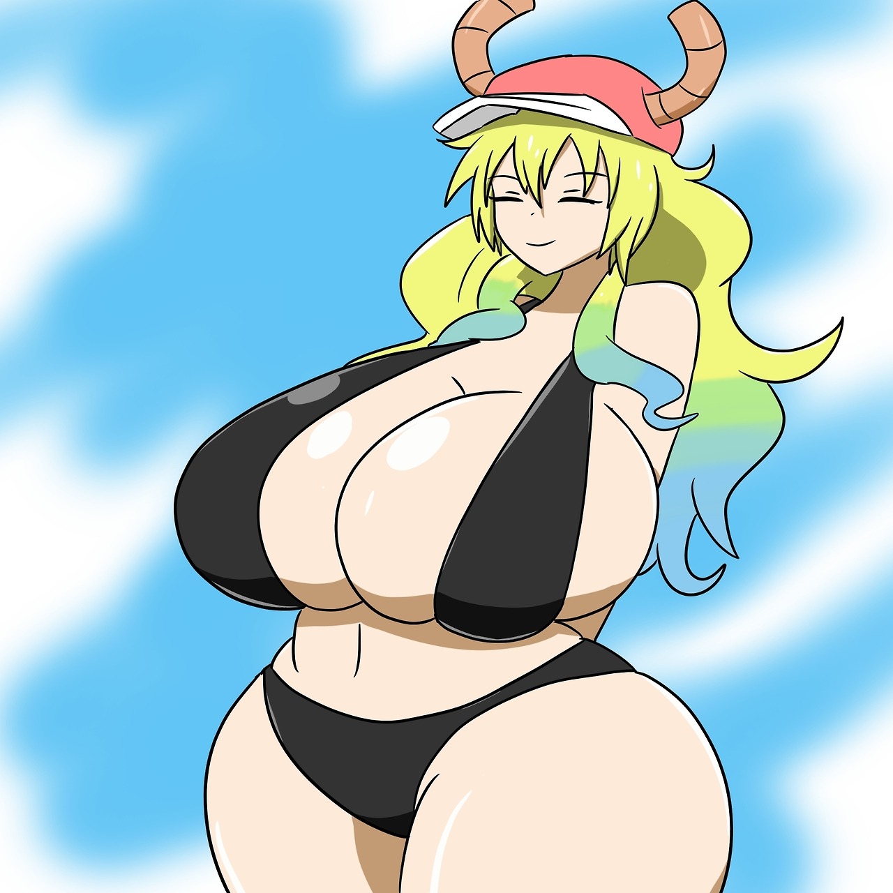1girls, breasts, breasts bigger than head, cap, closed eyes, female, female only, horns, huge breasts, igphhangout, miss kobayashi's dragon maid, quetzalcoatl (dragon maid), solo, tagme, thick thighs