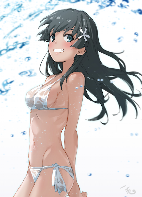 1girls, arms behind back, bad id, bad twitter id, bikini, black hair, blue eyes, breasts, cowboy shot, female, female only, flower, grin, groin, hair, hair flower, hair ornament, isshi pyuma, long hair, looking at viewer, saten ruiko, side-tie bikini, sideboob, smile, solo, standing, swimsuit, tagme, teenage female, teenager, to aru kagaku no railgun, to aru majutsu no index, water, white bikini, young