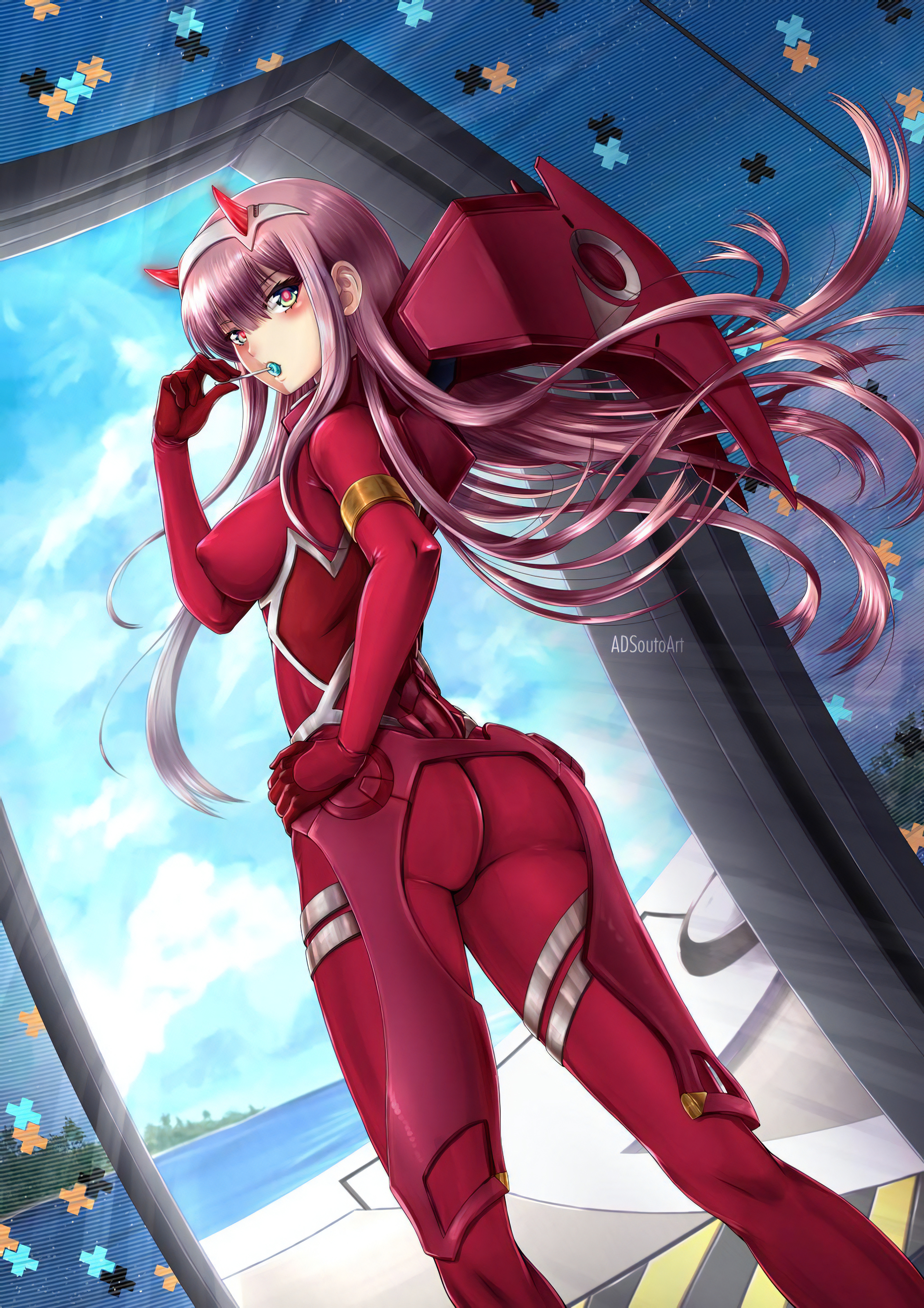 1girls, absurd res, adsouto, adsoutoart, ass, blush, bodysuit, clothes, clothing, darling in the franxx, eyebrows, eyelashes, female, female only, from behind, hairband, hi res, horns, latex, legs, lollipop, long hair, looking at viewer, looking back, nipple bulge, pink hair, realsr, red bodysuit, red eyes, red horns, skin tight, sky, solo, standing, straight hair, thighs, tight clothing, upscaled, very long hair, watermark, zero two (darling in the franxx)