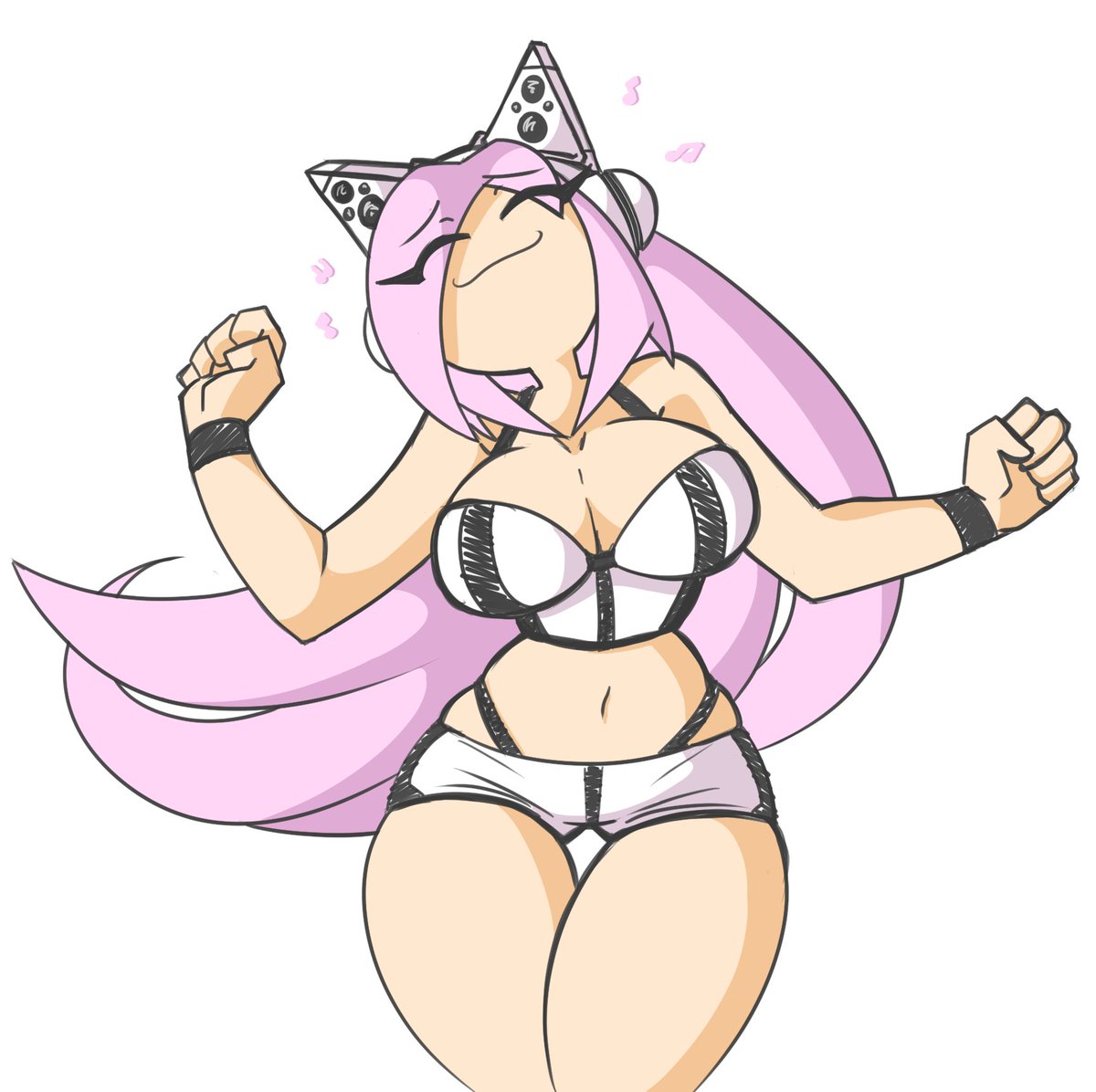 ami ami_(gwain_saga) belly_button big_breasts booty_shorts bracelets cat_ears dancing eyes_closed geoexe gkvalhalla gwain_saga headphones musical_note pink_hair smiling thick_thighs white_background wide_hips