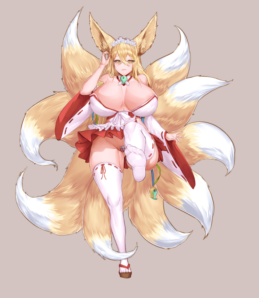 1girls blonde_hair blush fox_ears fox_tail headband hirume_of_heavenly_incense japanese_clothes kitsune large_breasts last_origin nontraditional_miko plump priestess pussy_covered sandals socks thick_thighs yellow_eyes zouri