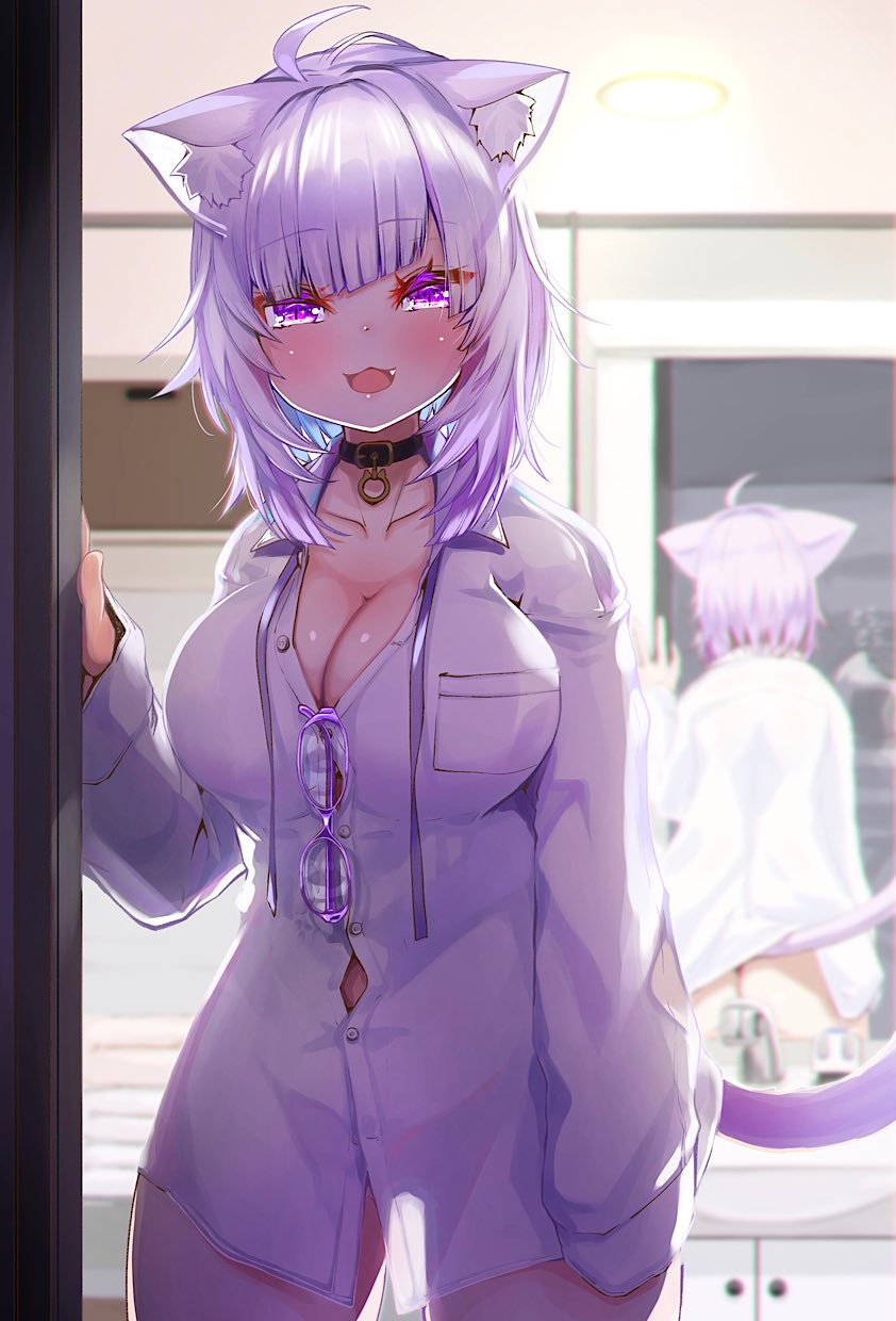 1girls, animal ears, ass, big ass, big breasts, bottomless, breasts, cat ears, cat girl, cat tail, catgirl, cleavage, clothed, clothing, detailed background, dress shirt, female, female only, glasses, glasses removed, hololive, hololive gamers, hololive japan, humanoid, kajimakoto, kemonomimi, large breasts, light skin, light-skinned female, looking at viewer, masturbation, mirror, mostly clothed, nekomata okayu, pale skin, purple hair, solo, virtual youtuber