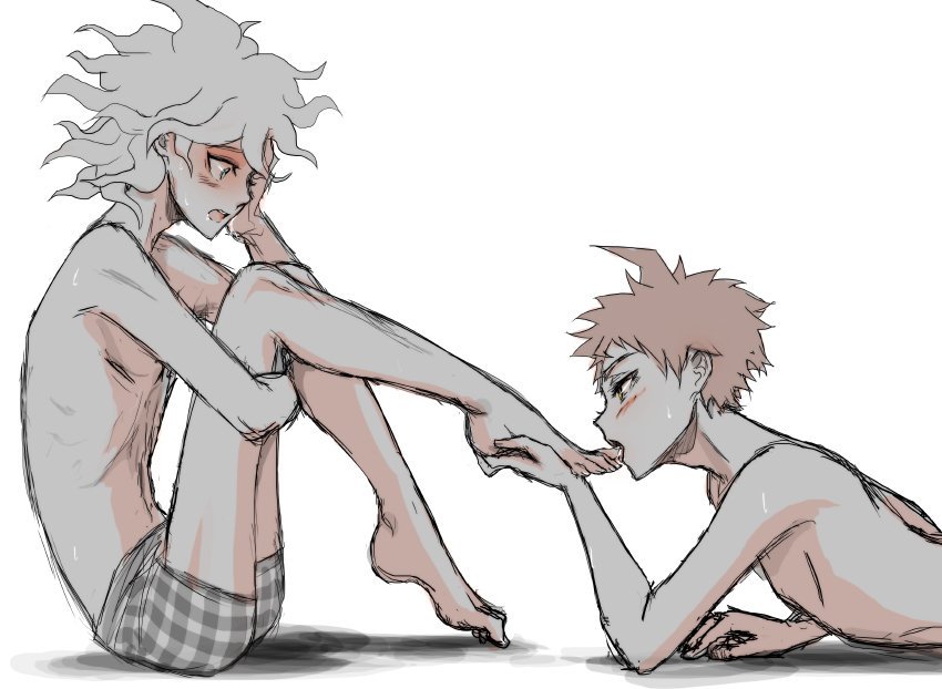2boys, blush, danganronpa, danganronpa 2: goodbye despair, feet, foot fetish, foot lick, gay, hinata hajime, male, male only, male/male, nagito komaeda, on floor, shirtless, surprised, toes, underwear, white background, wide eyed, yaoi, yndr4hope