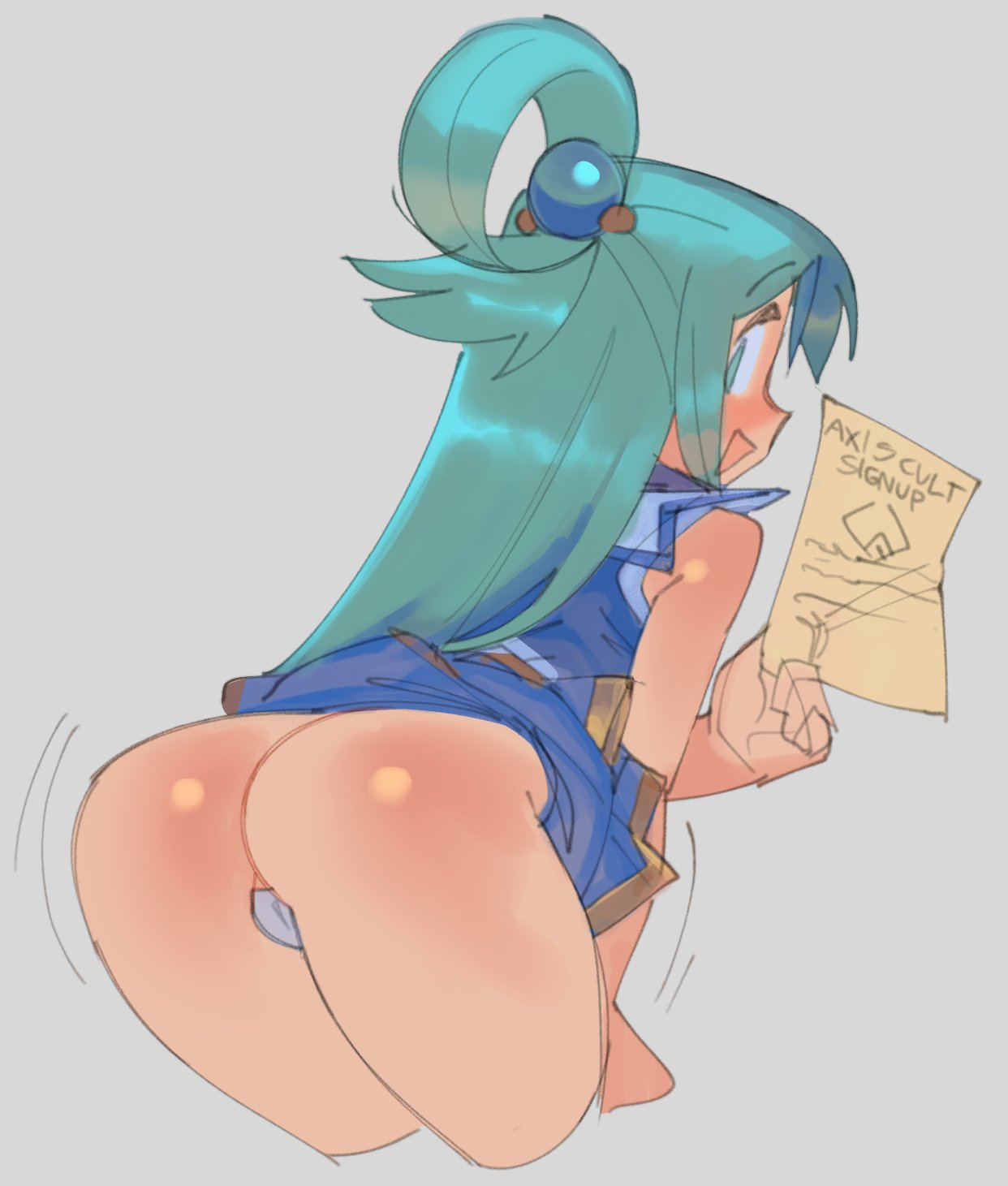 1girls, aqua (konosuba), ass, fair skin, fair-skinned female, female, female focus, female only, kono subarashii sekai ni shukufuku wo!, light skin, light-skinned female, looking over shoulder, panties, presenting, solo, solo female, solo focus, thick thighs, upskirt, wamudraws, wide hips