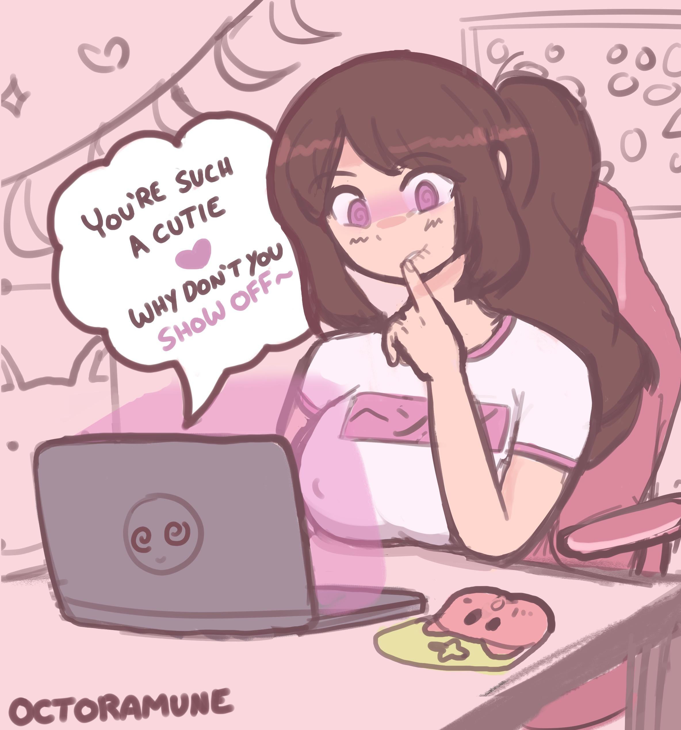 brown eyes, brown hair, clothing, color, comic, emily sim, emirichu, english text, female, hypnosis, long hair, mind control, octoramune, ponytail, text, youtube, youtuber