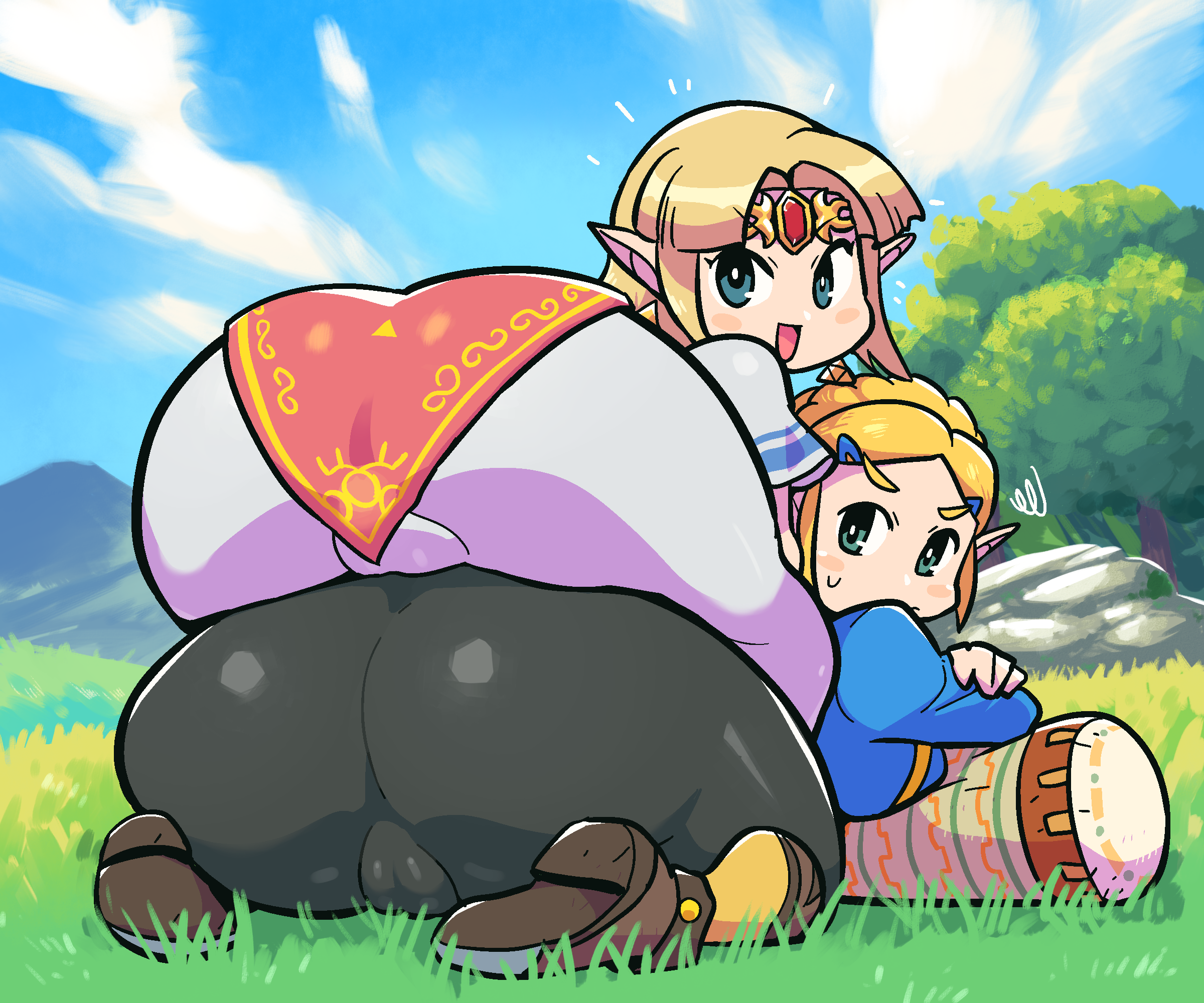 2girls, a link to the past, absurd res, ass, ass in dress, ass stack, black legwear, black pantyhose, blonde hair, blue shirt, blue sky, blush, boots, braid, breath of the wild, brown boots, cameltoe, clothing, crap-man, crown, day, dress, female, female only, footwear, grass, green eyes, hair ornament, hairclip, headwear, hi res, huge ass, large ass, legwear, long sleeves, looking at viewer, looking back, multiple females, multiple girls, nintendo, open mouth, outdoors, pantyhose, pillow, princess, princess zelda, pussy, royal, shirt, short sleeves, sky, stacked, sweatdrop, the legend of zelda, the legend of zelda: breath of the wild, thick thighs, thighs, tied hair, tight clothes, tree, wariza, white dress, wide hips, zelda (a link to the past), zelda (breath of the wild)