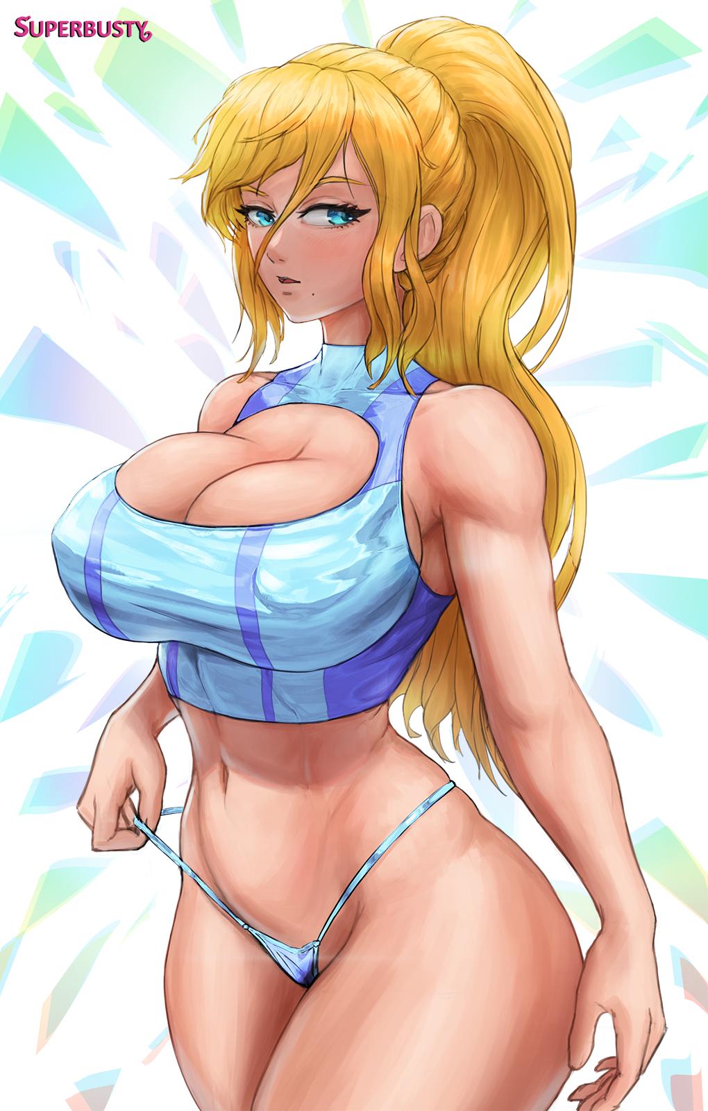 1girls, beauty mark, bimbo, blonde hair, blue eyes, blush, breasts, cleavage, cleavage cutout, curvy, female, female only, hourglass figure, huge breasts, large breasts, long hair, metroid, navel, nintendo, panties, panty pull, pinup, ponytail, revealing clothes, samus aran, simple background, skimpy, skimpy clothes, solo, sports bra, standing, superbusty, thick thighs, thong, tight clothing, very long hair, voluptuous, wide hips