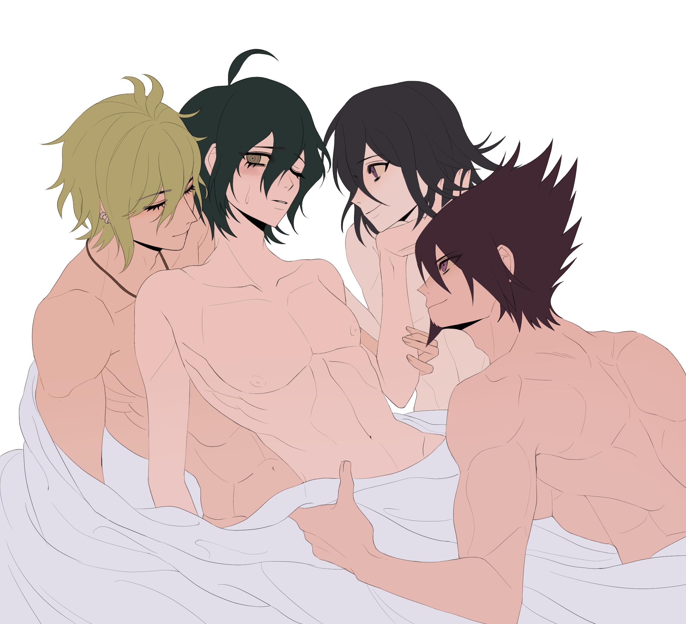 4boys, before sex, black hair, blonde hair, blush, brown eyes, brown hair, color, danganronpa, danganronpa v3, dark brown hair, ear piercing, earrings, femboy, foursome, gay, gay harem, goatee, hand under chin, hands on hips, harem, imminent sex, looking at viewer, male, male only, momota kaito, muscular, necklace, no visible genitalia, nude, one eye closed, ouma kokichi, rantaro amami, saihara shuuichi, serratus anterior, sheets, shirtless, spiky hair, straight hair, sweatdrop, white background, yaoi