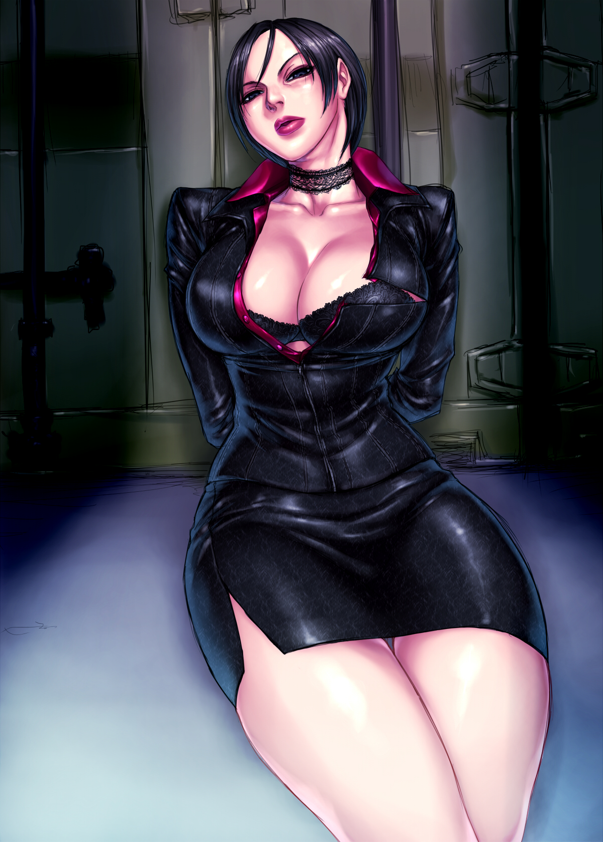 1girls, ada wong, ada wong (ty brenneman), arms behind back, black hair, bondage, bound, bra, breasts, capcom, choker, cleavage, clothed, clothing, crossed legs, dress, female, hi res, indoors, jacket, large breasts, lipstick, looking at viewer, resident evil, resident evil: damnation, sawao, shiny clothes, short hair, sitting, solo, solo focus, thigh gap, tight clothing