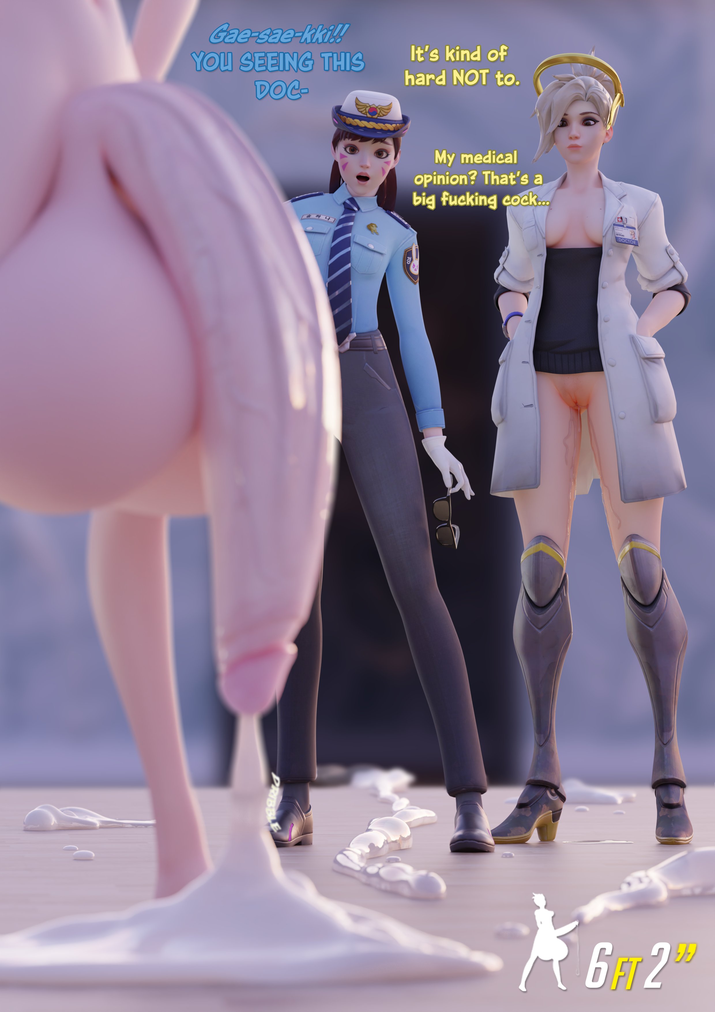 1futa, 2girls, 3d, angela ziegler, balls, big balls, big penis, big testicles, blender, blizzard entertainment, blonde hair, blue eyes, bottomless, brown eyes, brown hair, chainsmoker, comic, cum, cum drip, cum everywhere, d.va, destroy dick december, dialogue, doctor, dr. ziegler, english text, excessive cum, eyewear removed, female, futanari, genitals, hana song, huge balls, huge cock, huge testicles, human, hyper, hyper balls, hyper genitalia, hyper penis, hyper testicles, intersex, labcoat, large balls, large penis, large testicles, lena oxton, light skin, light-skinned female, light-skinned futa, looking at penis, measurements, medium breasts, mercy, nude, overwatch, overwatch 2, penis, penis awe, penis size talk, police officer d.va, police uniform, policewoman, pussy, pussy juice, pussy juice drip, size talk, standing, sunglasses, sunglasses removed, testicles, text, tracer, uncensored, very long penis, wet pussy