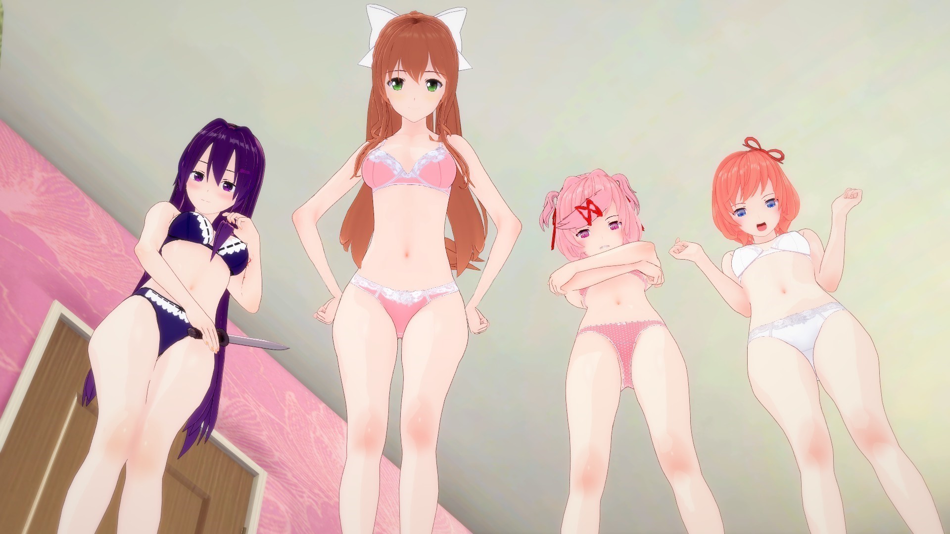 3d, 4girls, artist request, doki doki literature club, female, giantess, high resolution, highres, knife, koikatsu, lingerie, monika (doki doki literature club), natsuki (doki doki literature club), partially nude, pov, pov eye contact, sayori (doki doki literature club), underwear, yuri (doki doki literature club)