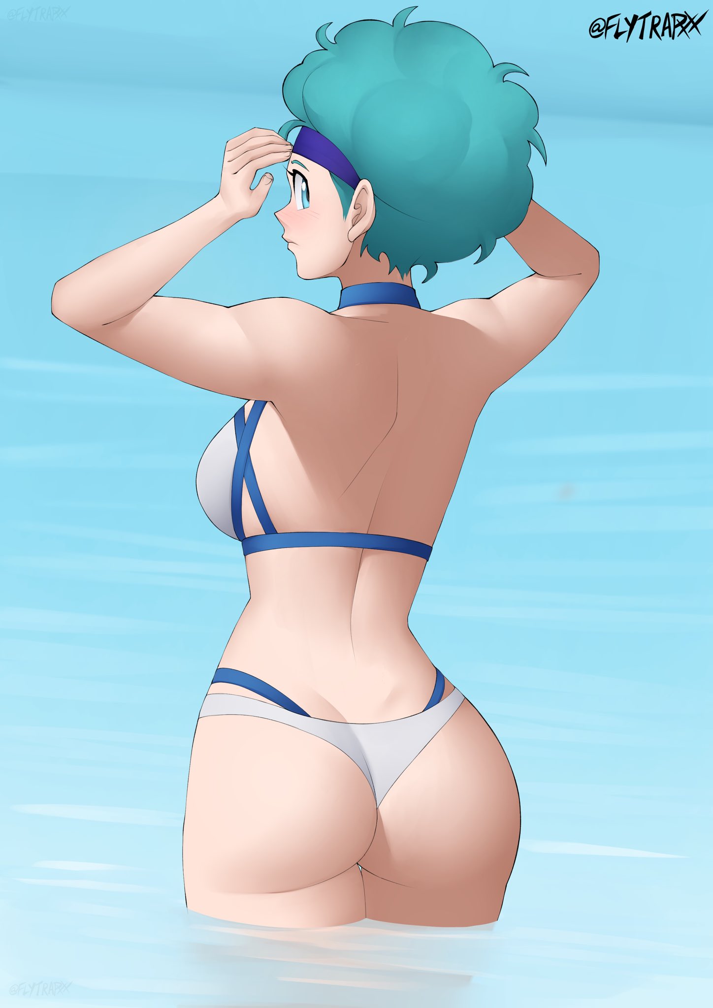 1girls, afro, ass, bikini, blue eyes, blue hair, breasts, bulma (afro), bulma briefs, dragon ball, dragon ball z, eye contact, female, female only, flytrapxx, looking at viewer, looking back, short hair, shounen jump, solo, solo female, thick thighs, thighs