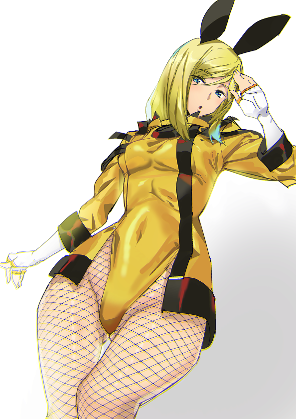 alternate_hairstyle ashiomi_masato blonde_hair blue_eyes breasts bunny_ears bunnysuit fishnets guilty_gear leotard looking_at_viewer looking_down millia_rage navel short_hair skin_tight standing tagme thick_thighs thighs